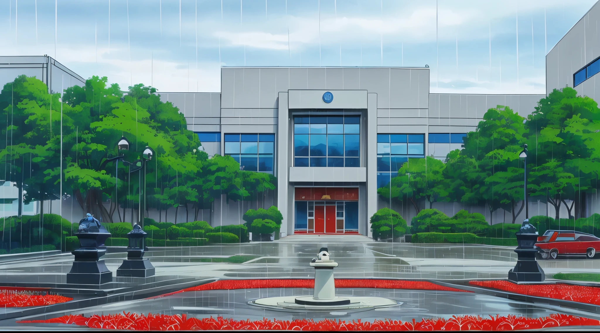 (Rainy sky) (Raindrops Falling) (Afternoon) (Grey Sky)
(80’s Anime) (Classic) (Vintage) (Retro)
1980’s Japan High School is a huge broad campus of several light grey #A9A9A9 buildings built in a contemperary architecture.
There is a small field of Higanbana (Red Spider Lily) flowers. Close by the Parking Lot
There is a Grey Statue of a Panda in the center of the Parking Lot.
(View from the Entrance)