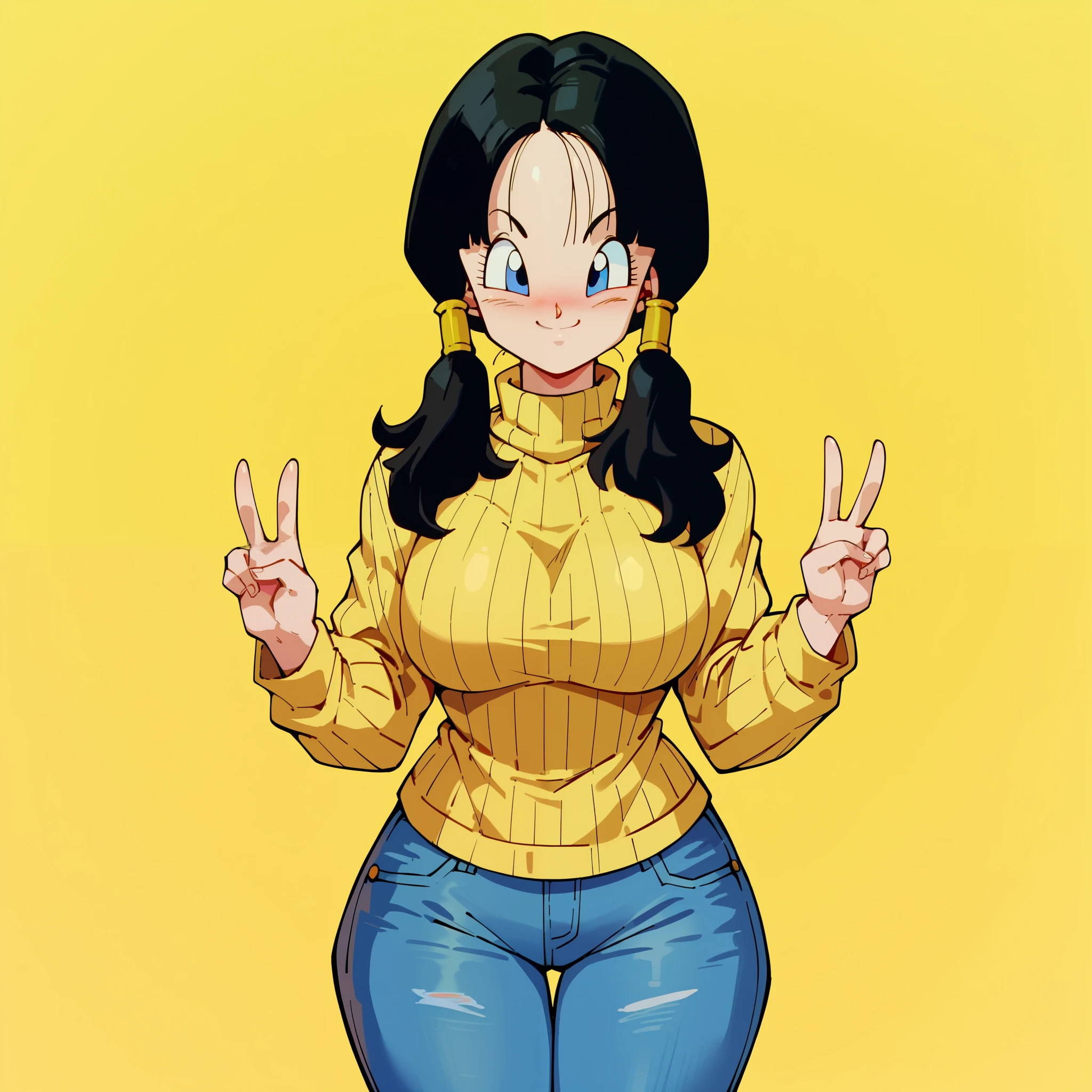 1girl, solo, videl, black hair, blue eyes, low twintails, hair tubes, big breasts, wide hips, thick thighs, yellow ribbed turtleneck sweater, skinny jeans, blushed, smile, peace symbol hands, standing, looking at viewer, simple background, from the front view