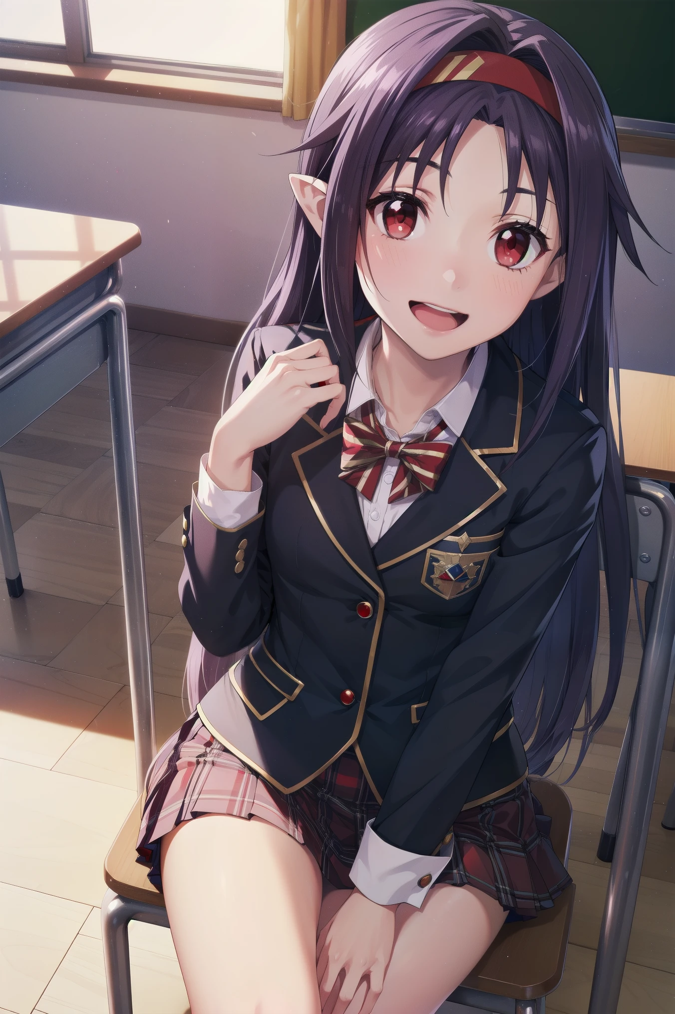 master piece, best quality, 8k, ultra high resolution, anime style, best writing, beautiful face, Yuuki Konno、Yuuki Konno、1 girl, solo, hair band、long hair、pointy ears、purple hair、(red eyes:1.5)、(small breasts:1.2)、open mouth、BREAK black thighs、uniform、blazer, pleated skirt, School, classroom, sit on a chair, blush, smile, Face Up、highest quality、unity 8k wallpaper、(An illustration:0.8)、(beautiful detailed eyes:1.6)、highly detailed face、perfect lighting、Highly detailed CG、(perfect hands、perfect anatomy)