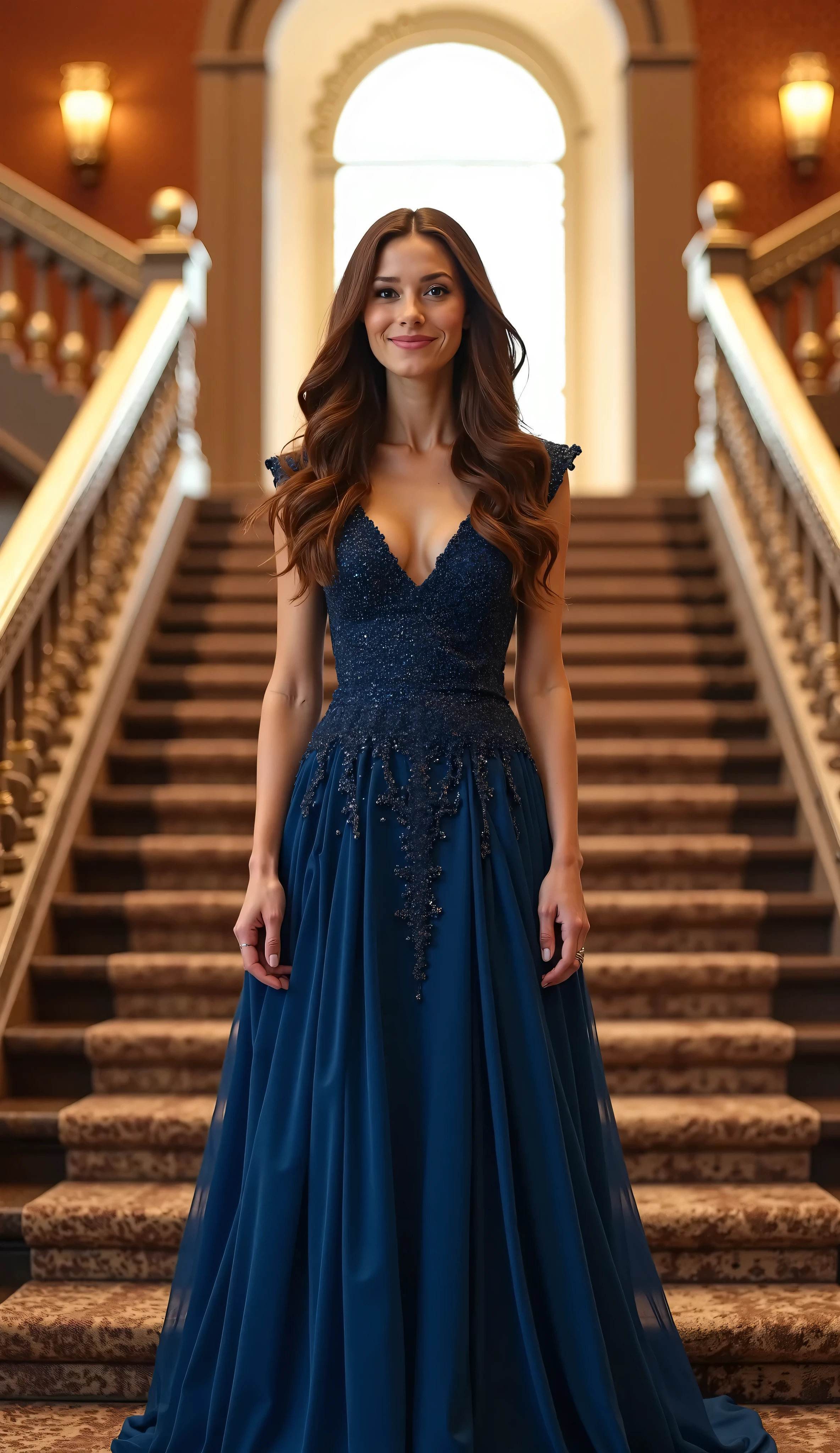 A woman in a blue dress standing on a set of stairs - SeaArt AI