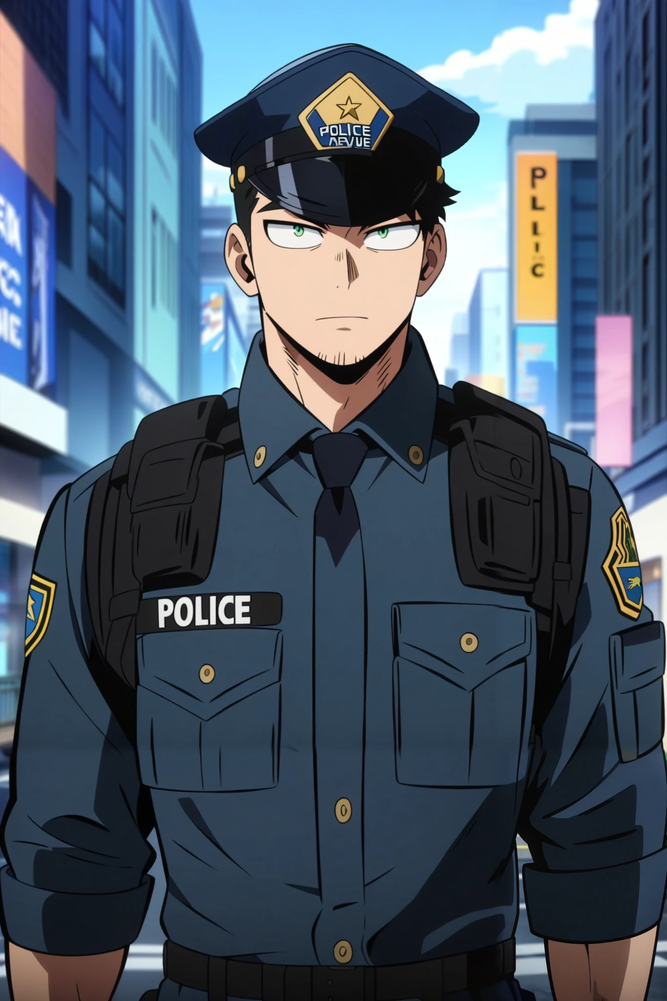 1boy, 25-years-old, handsome, adult, ((MALE)). police, police cap, solo, male focus, looking at viewer, , , , black hair, green round eyes, , , police cap, police clothes, police, police officer, big city avenue background.

As My Hero Academia character, MHA style, anime style, my hero academia, boku no hero academia, animated. Anime, Best Quality, Masterpiece, High Resolution, 4K, perfect body, perfect eyes, perfect eyes, Full Quality, colorfull, Looking at viewer, Anime, Anime Style, High Resolution.