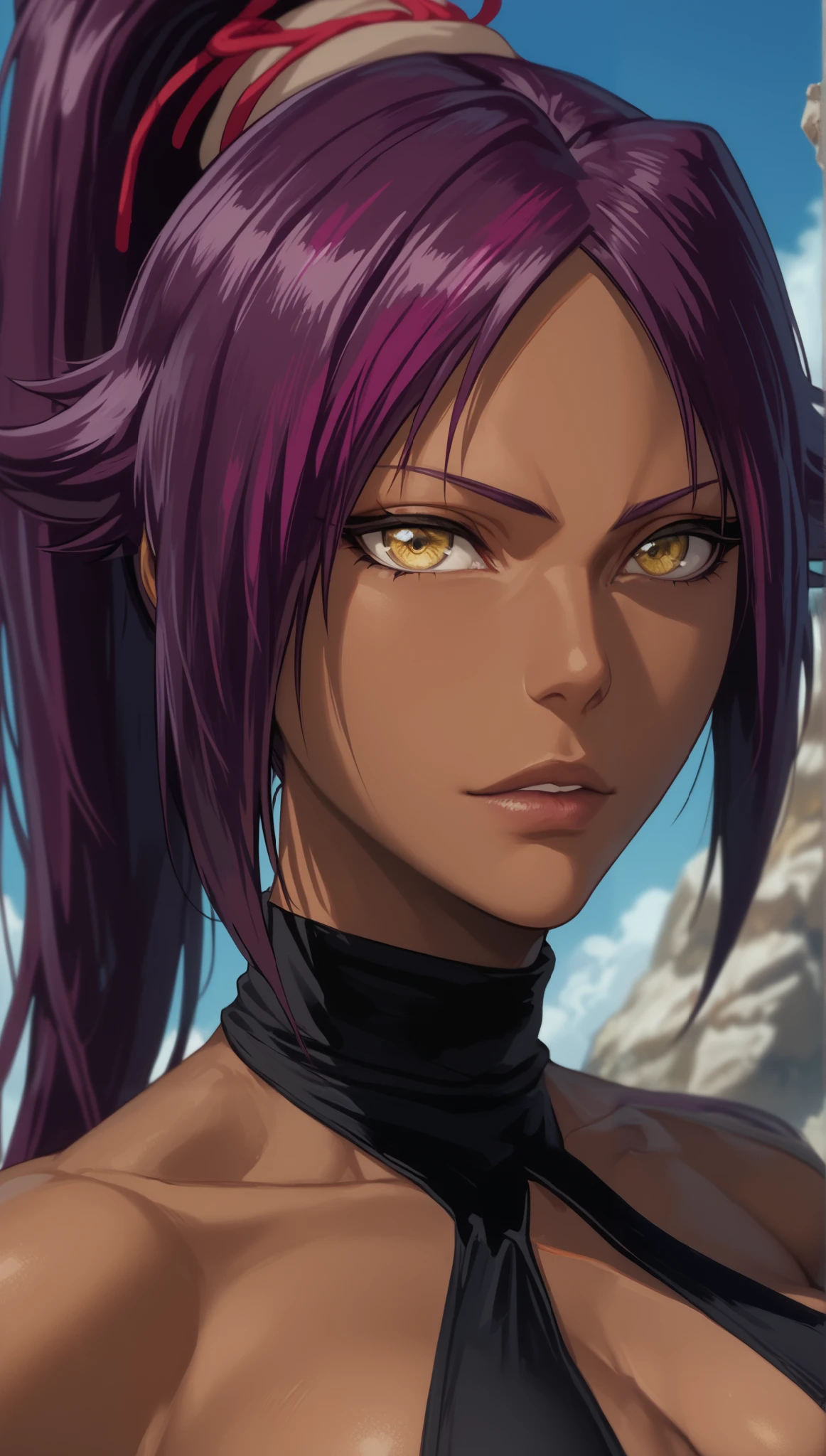 Score_9, score_8_up, score_7_up, ultra detailed, ultra perfect eyes, perfectly sexy face, yoruichi shihouin, long hair, yellow eyes, ponytail, purple hair, dark skin, dark-skinned female, large breasts, showing cleavage, bikini, looking at the viewer,