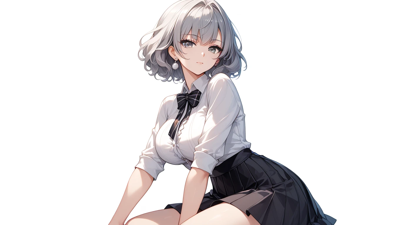 RAW Photos, Highest quality, High resolution, Realistic, One girl、Young Japanese Girl, 17 years old, whole bodyポートレート, Expressionless, poker face, Stone Face, model, Big Breasts, short hair, Wavy Hair, Curly Hair, Gray Hair, Silver Hair, Light brown hair, Hollow Eyes, Hollow Eyes, ((Thin thighs)), Diagonal bangs, Cute face, Shiny skin, Beautiful body, Beautiful Skin, concentrate , Naked from below, (school uniform, Lead Bow Tie, Black apron dress, Highly detailed corset, Gothic, Frill dress, Beautiful embroidery, (Long skirt:1.2):1.4),  (Skirt flip:1.5) show, underwear, simple underwear, (Squat、One knee:1.5)、(Spread your legs:1.5)、((Showing white panties))、Good lift、Exposing the breasts、Showing off a white bra、Troubled face、climax、Excited、close your eyes、Open your mouth、Sword Drawing Technique, Battoujutsu、whole body、((dong_yes, frilled dress))
