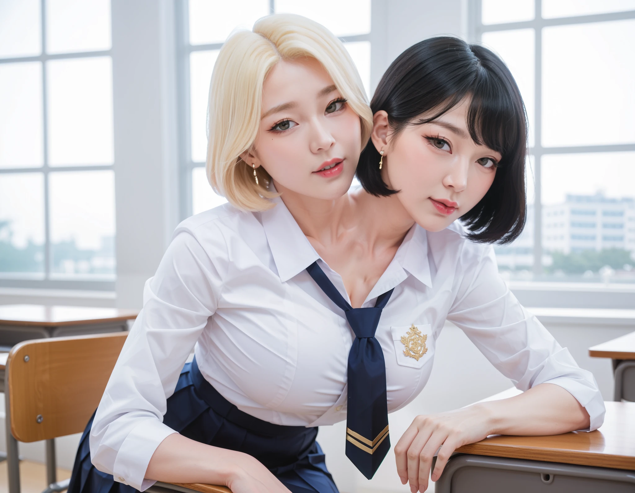 best resolution, korean woman with two heads, girl with short hair blonde, girl with long black hair, tall, big chest, bending forward, korean college uniform sitting on school chair, college campus background, dynamic pose, fullbody
