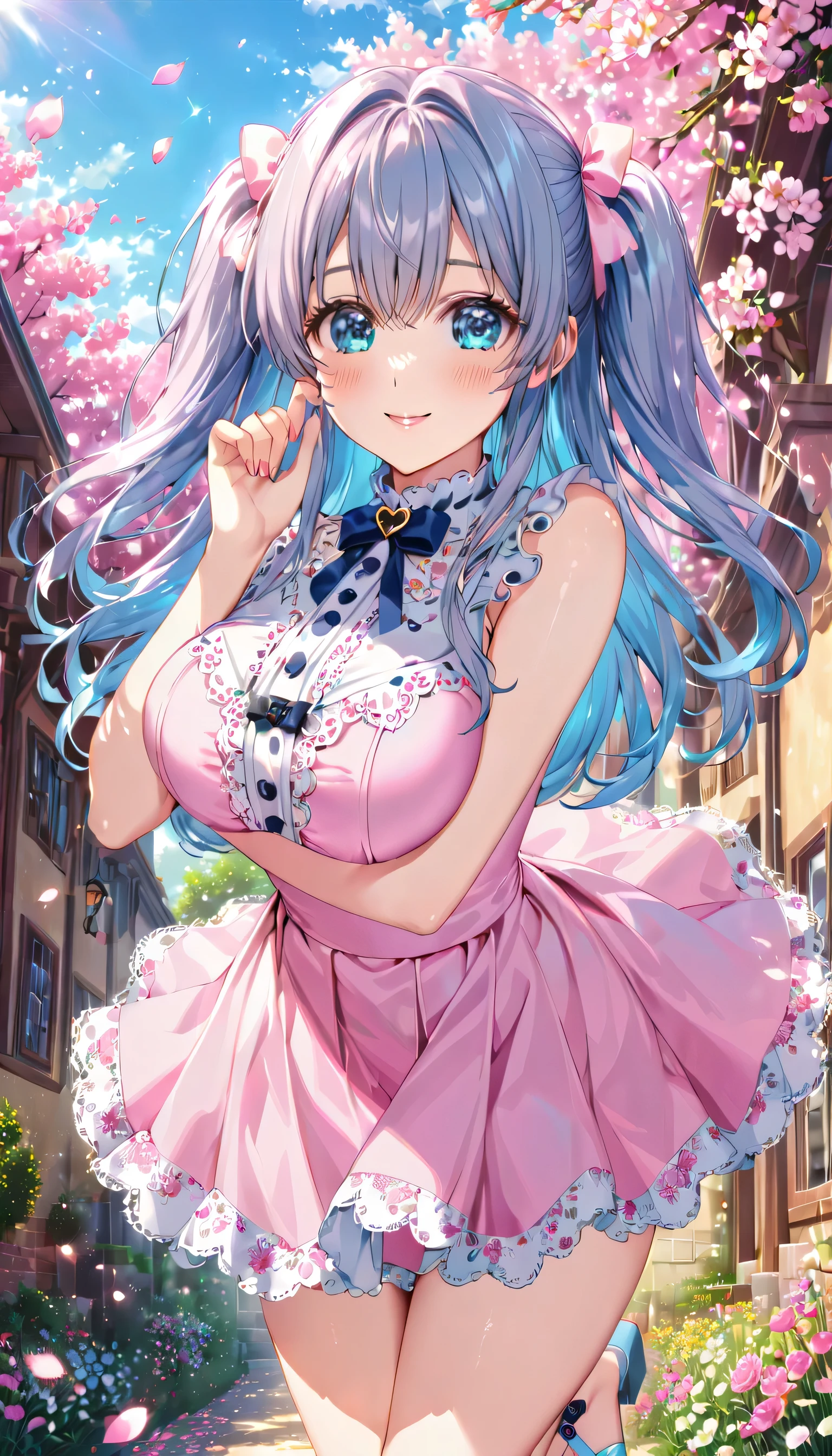 ((ultra-detailed)),   (highly detailed CG illustration),  (best quality:1.2),  ultra-highly detailed,  colorful composition, artistic photoshoot, 1girl, solo focus,  ((thigh to top:1.4)), ((cowboy shot:1.4)), moe anime character,  girl, dainty facial structure, (baby fand face), ((rounded chin:1.2)), ((ideal ratio body proportions)), celia-default, celia claire, (blue eyes), sparkle eyes, pale pink hair color, two side up, (pastel blue hair ribbon), ((Soft pink blouse with floral lace patterns and ribbon ties)), ((Satin flared skirt with intricate lace trimming)), ((Pastel Tote with Heart Buckle)), ((Platform sandals)), ((petals glowing and fluttering)), best quality, masterpiece, standing by the victorian garden with flowers, beautiful detailed sky, dynamic pose, from front, expecting, pink cheek, blush, light pink gloss slip, portrait, depth of field, soft lighting, sidelighting, (shine), lighting, caustics, ray tracing, smile, perfect face, lustrous skin, highly  detailed face, highly detailed eyes, perfect face, perfect nose, perfect hair, perfect eyes, perfect anatomy, beautiful hair, beautiful small face, extremely detailed face, beautiful detailed eyes, beautiful clavicle, beautiful body, beautiful huge breasts, leavage, breasts squeezed together, equalize the size of the left and right breasts, beautiful thin thighs,  beautiful legs, beautiful fingers, 4 fingers, 1 thumb, lovely, (very detailed background:1.0), (highly detailed background:1.0), spring aesthetic, intricate details, joyful atmosphere, spring colors palette, chromatic aberration