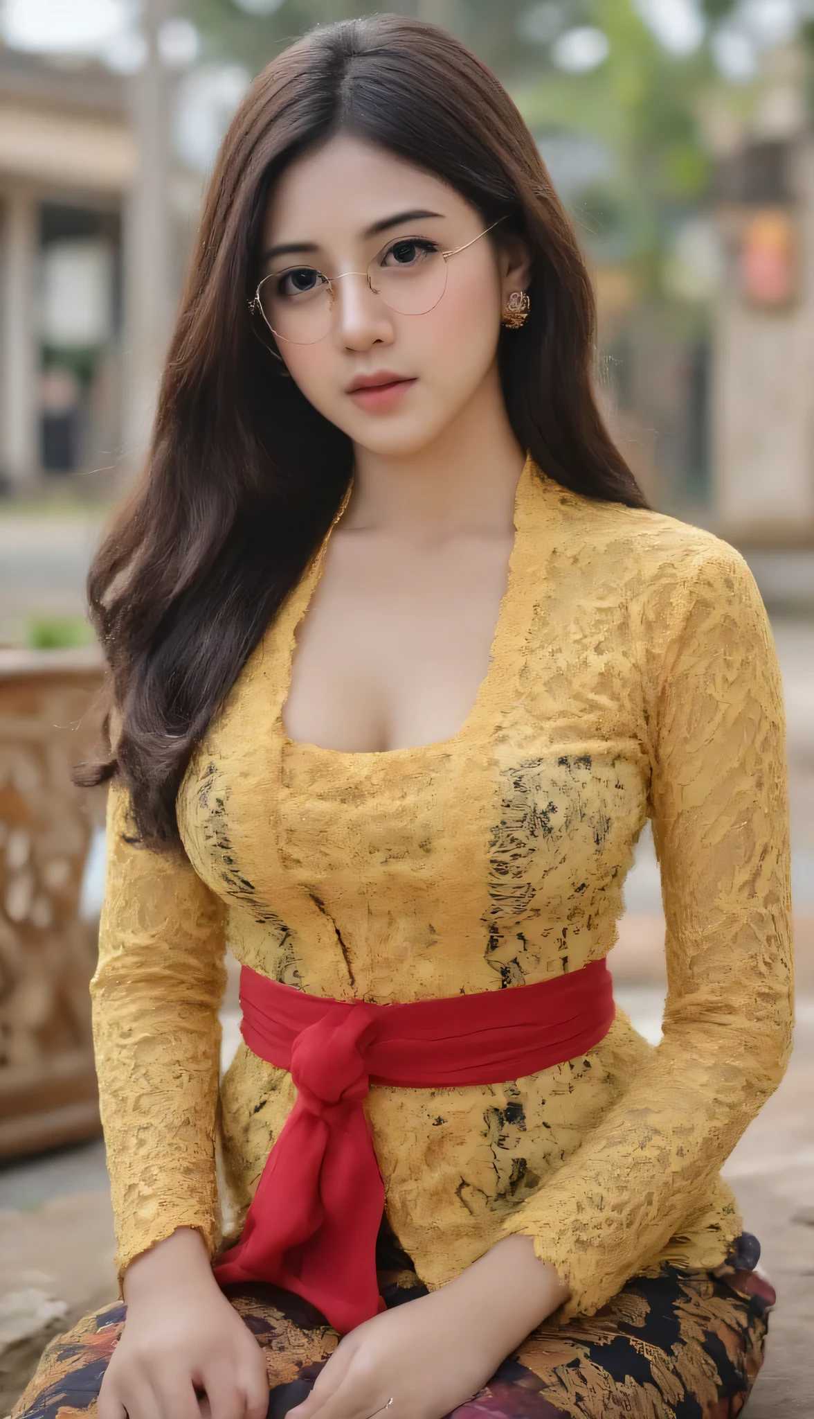 (Masterpiece: 1.2, Best Quality), Realistic, (Realistic Picture, Complex Details, Depth of Field), Best Quality, Masterpiece, Highly Detailed, Realistic, 1 adult girl, indonesian wife, 23 Years Old, , chest forward, huge breasts, thin lips, beautiful and seductive, sexy body, wearing a Muslim hijab, wearing kebaya, sitting in the town square pendopo, the town square background, many couples dating, full body view, look at viewer, full photo, thin round circle glasess