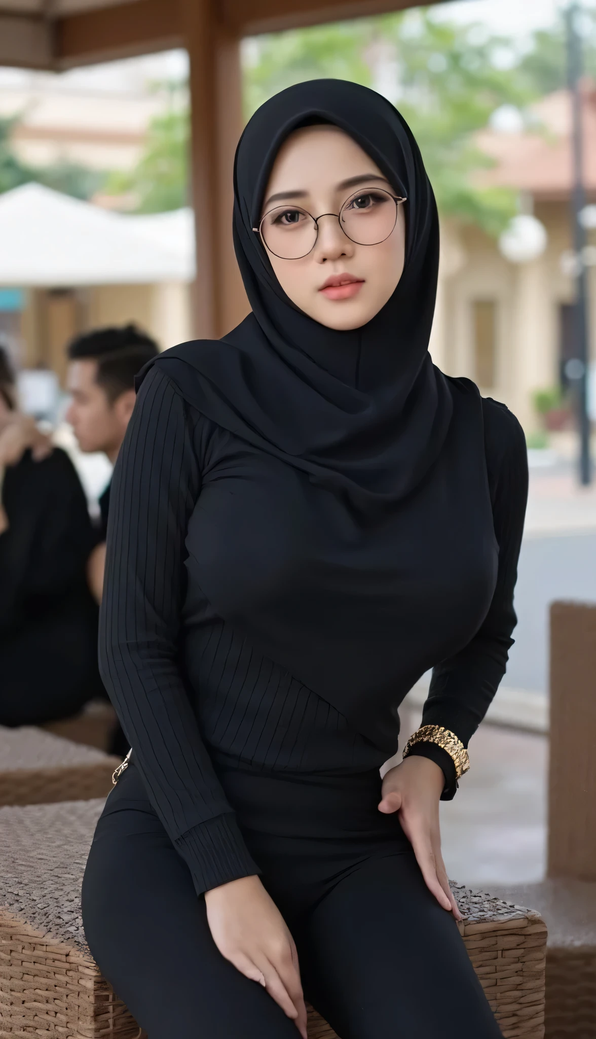 (Masterpiece: 1.2, Best Quality), Realistic, (Realistic Picture, Complex Details, Depth of Field), Best Quality, Masterpiece, Highly Detailed, Realistic, 1 mature, indonesian mature wife, 33 Years Old, chest forward, huge breasts, thin lips, beautiful and seductive, sexy body, wearing a Muslim hijab, wearing tight knit shirt, tight waist culottes, sitting in the town square pendopo, the town square background, many couples dating, full body view, look at viewer, full photo, thin round circle glasess