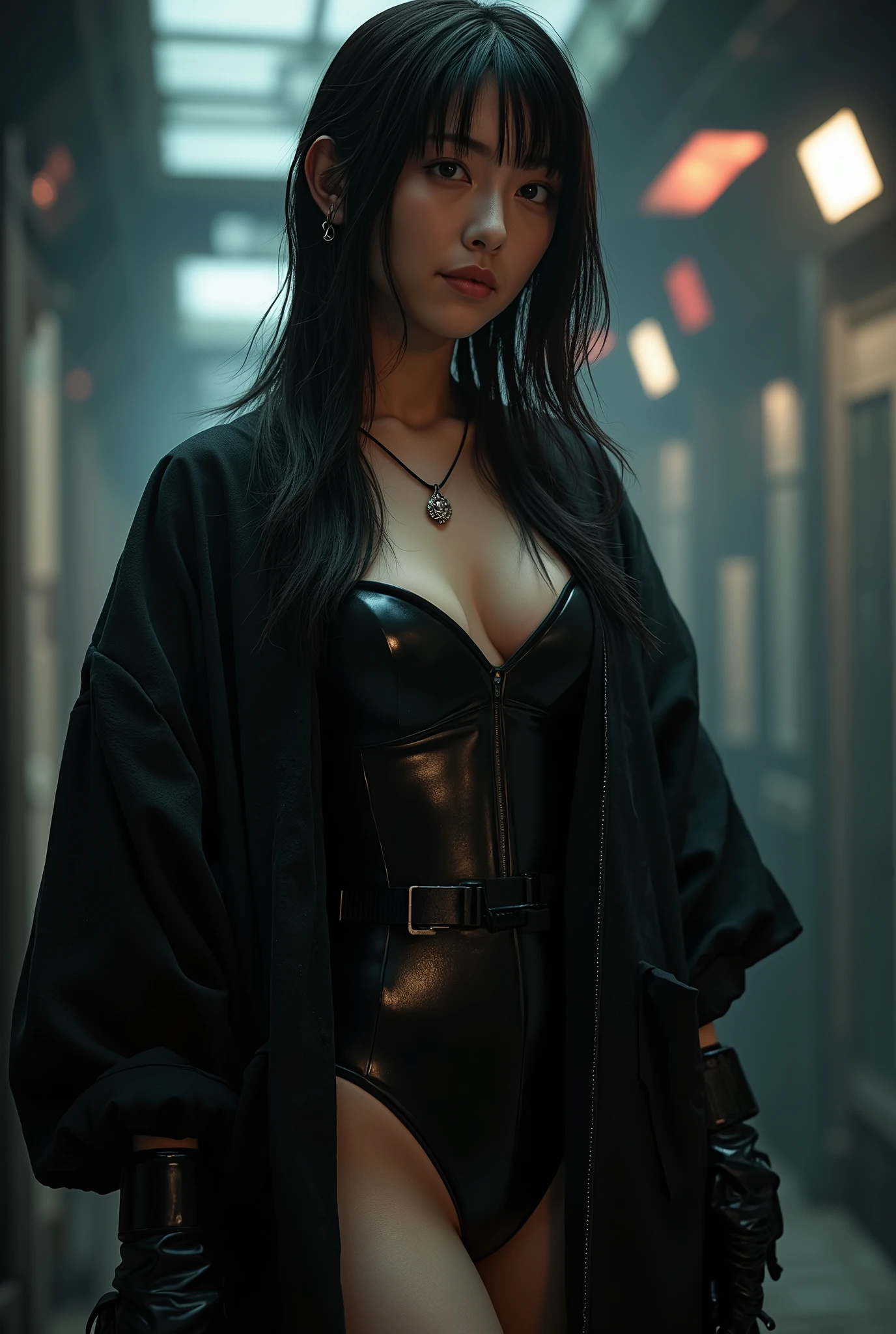 (((Hold a cyberpunk-style Japanese sword:2.0))), ,((whole body:2.0)), one woman,( cute face),(Beautiful well-balanced face ),( natural big breasted :1.5),( black hair:1.5),( beautiful eyes:1.3),Glamorous shot of a 20 year old Japanese woman , Slender Beautiful Body ,( model body type:1.3),(Slim body:1.3), perfect body line, Ideal Proportions ,( big breasts:1.5),Bare thighs,Voluptuous thighs, delicate body,( Shrimp),A harmonious posture,(Realistic breast depiction ),(Realistic depiction of areolas), carefully depicting limbs based on perfect anatomy ,((Wear a samurai kimono-style military coat with an open front over a black super high-leg leotard :1.5)),((Ultra high-leg leotard made of form-fitting camy-like latex:1.5)),(( Samurai Kimono Style Military Coat with Open Front Over Leotard:1.5)),(ear monitor:1.5),((Tactical Holster:1.5)),( gloves:1.3), concept art,((( HR Gigger-style cyberpunk atmosphere :2.0))),( best quality :1.5),(masterpiece:1.5),(超高resolution),resolution,UHD,( Delicate Depiction), carefully drawn with butterfly wings ,32K,(( Realistic Skin Texture :1.5)),((( Ultra Realistic:1.5))),Draw eyelashes carefully, very detailed face,Highly detailed female hand,Sexy appearance,Very sensual,(((The dark interior of the Nostromo ship :2.0))),(Blurry Dim Backgrounds :1.5), Polo,( movie lights:2.0),((Blade Runner Style Light :2.0))