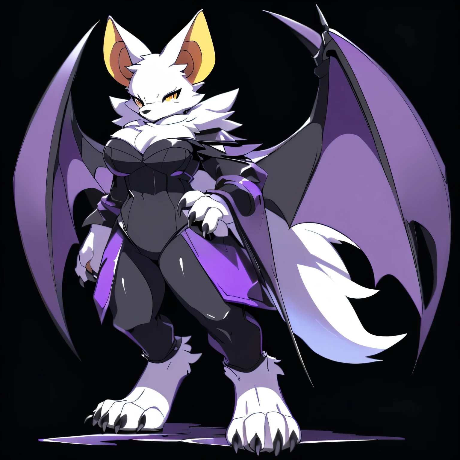 Anime, anime style, ((single person:2)), ((solo drawing:2)), ((solo:2)), ((three-quarter view)), ((Looking to the side)), ((sfw version)), ((female Anthro bat)), ((Tall figure)), ((buxom figure)), ((short white fur)), clawed hands, ((clawed paws)), ((Single Pair of Wings)), ((Huge Bat Wings)), ((Purple and black Bat Wings:1.3)), ((white bat ears)), ((wearing a black and purple outfit)), ((white face)), ((neutral expression)), vivid golden eyes, ((digitigrade legs)), ((digitigrade feet)), ((solid black background)), highly detailed anime style, clean lines, white face, short white muzzle, white furry cheeks, white furry muzzle, ((white foot paws)), ((foot paws with four toes)), ((Claws on paws))