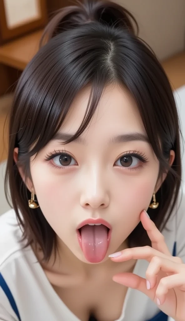 (Open your mouth wide and take a detailed thick penis in your mouth:1.5),(Cum in mouth:1.0),Detailed lips、Licking the penis、Tabletop、highest quality、High resolution、Best Illustration、wallpaper、Bright lighting、Professional Lighting、Realistic、Japanese women、Adult Beauty、Beautiful girl、Modeled、so beautiful、Beautiful skins、Beautiful and detailed、Beautiful and detailed、Detailed face、Adult Beauty、slim、short hair、Brunette color hair、