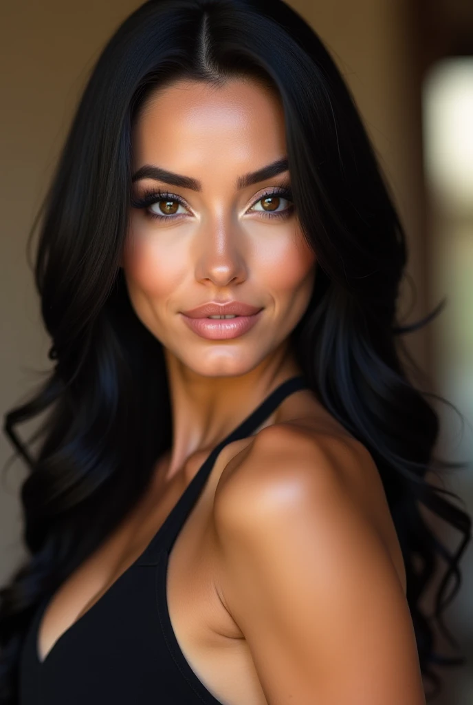 ultra realistic, photography, portrait, close-up, extreme close-up, long black straight hair, (30 years old, hazel eyes, hourglass figure, perfect fit body, natural big breasts), femme fatale, professional, (4k photo:1.1) by (Jeremy Lipking:0.3), (Dittmann Anna:0.3), (Arian Mark:0.3), (Sharp focus:1.3), high detail (front view), wearing (tight shirt:1.2), tight micro skirt, red, beautiful detailed face, (seductive:1.1), (blushing:1.1), hourglass body shape, natural breasts, (wide hip, braless) pokies, cleavage, full body with visible face