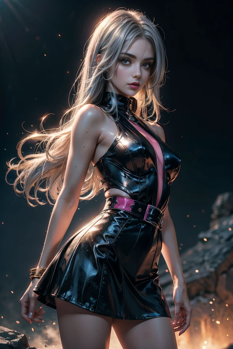 8K,Demon Slayer, the female demon,Super beautiful(like the real thing),Sexy black and red outfit,black tight skirt,devil's horns,red eyes,masterpiece,Photorealistic RAW photos of the highest quality。bright colors,rich colors, Backlight, cinematic lighting, film grain, to be born, 50MM lens, Nikon D850,fantasy art,character art,ultra high resolution,super realistic skin,beautiful expression,Dark mountain range,Devil makeup,blonde mohawk hair,