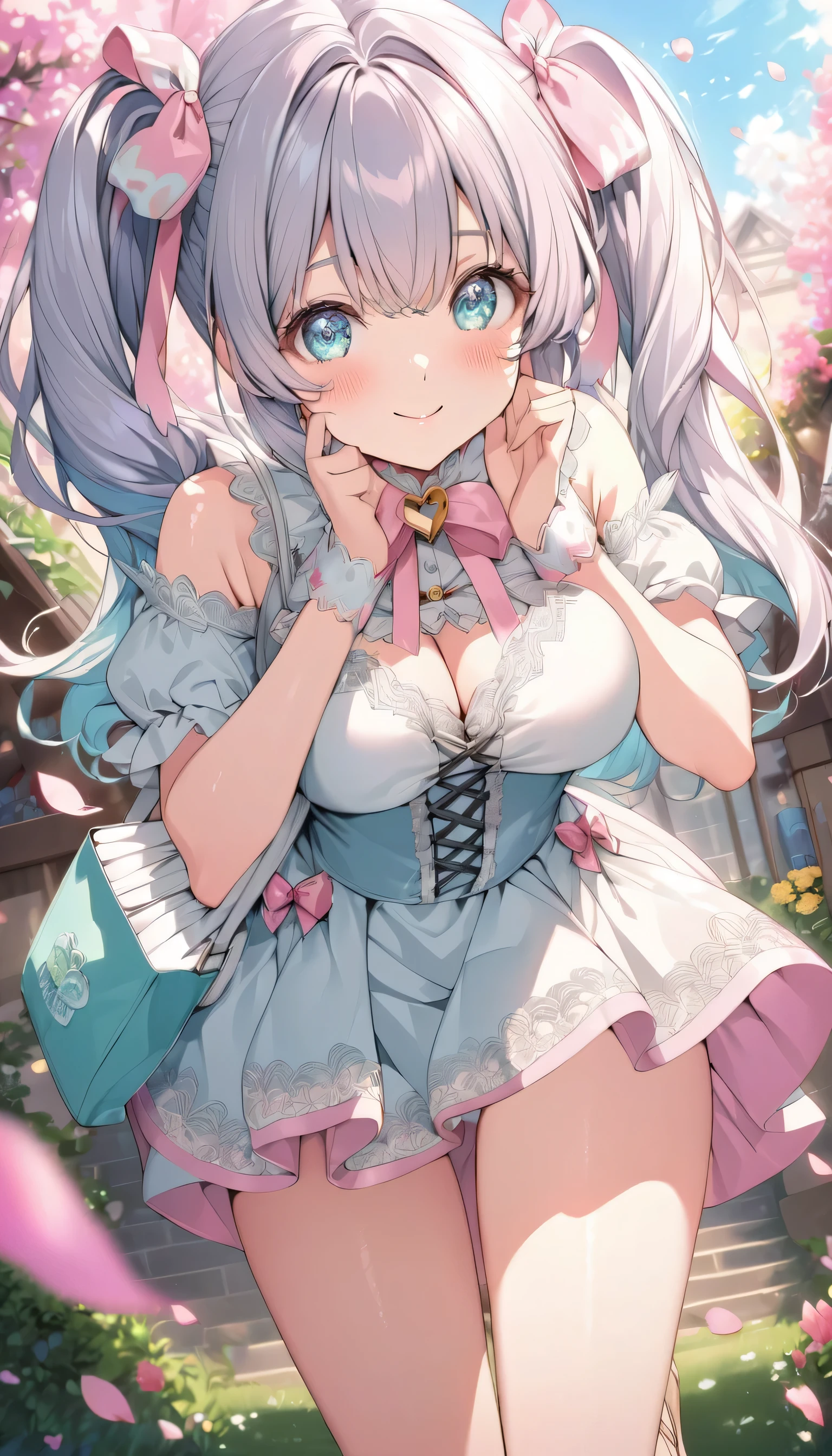 (High quality, High resolution, Fine details), soft pastel texture, neatly tied hair, gorgeous garden in the background, freshly bloomed flowers, shimmering sunlight, (classic maid outfit), clear blue sky, loose curls, (cute panties peeking out), solo, curvy women, sparkling eyes, (Detailed eyes:1.2), smile, blush, Sweat, Oily skin, shallow depth of field