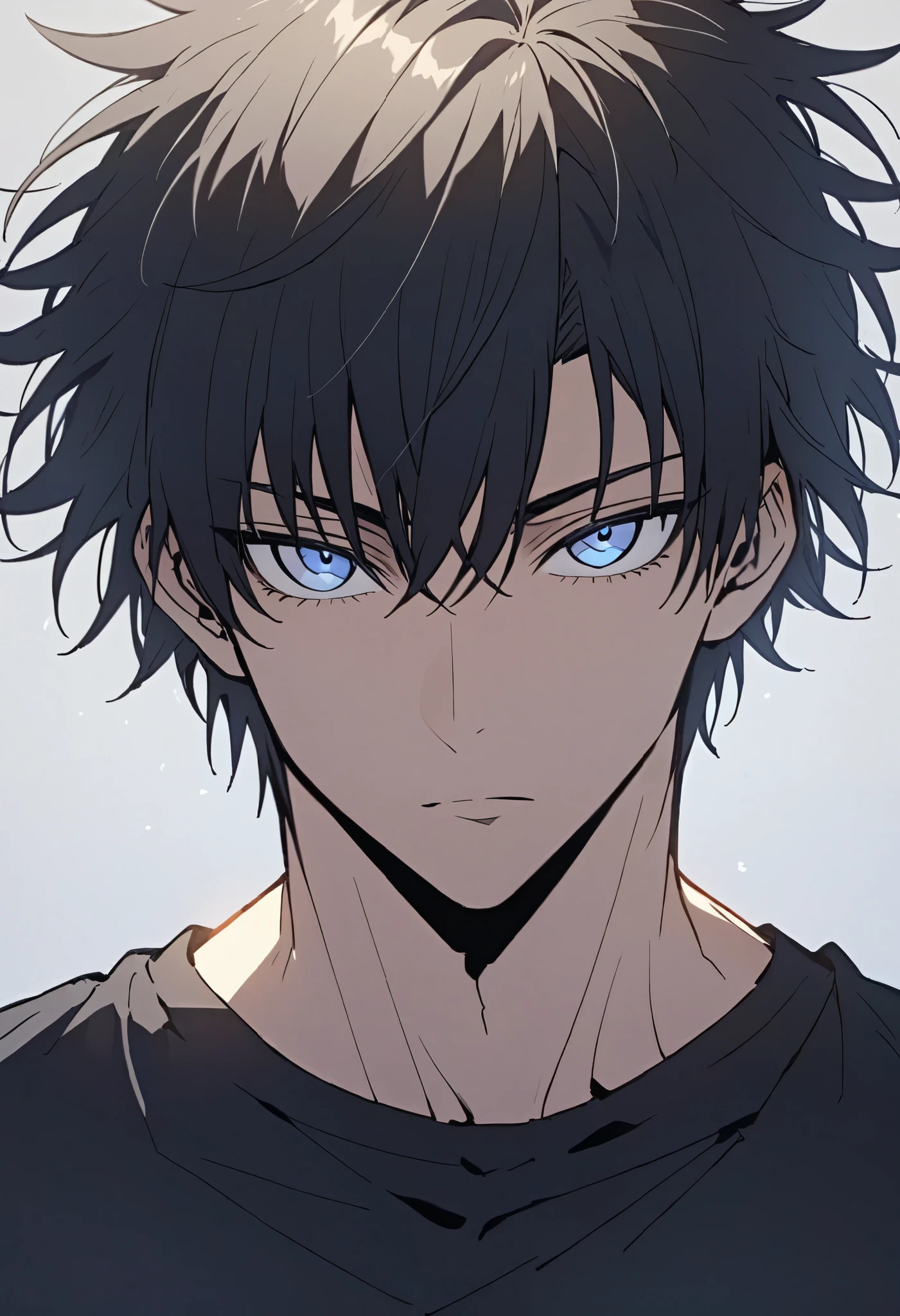 Handsome, solo, male, tall, muscular, short hair, black hair, blue eyes, black t-shirt, looking at viewer, facing viewer, simple background, white background
