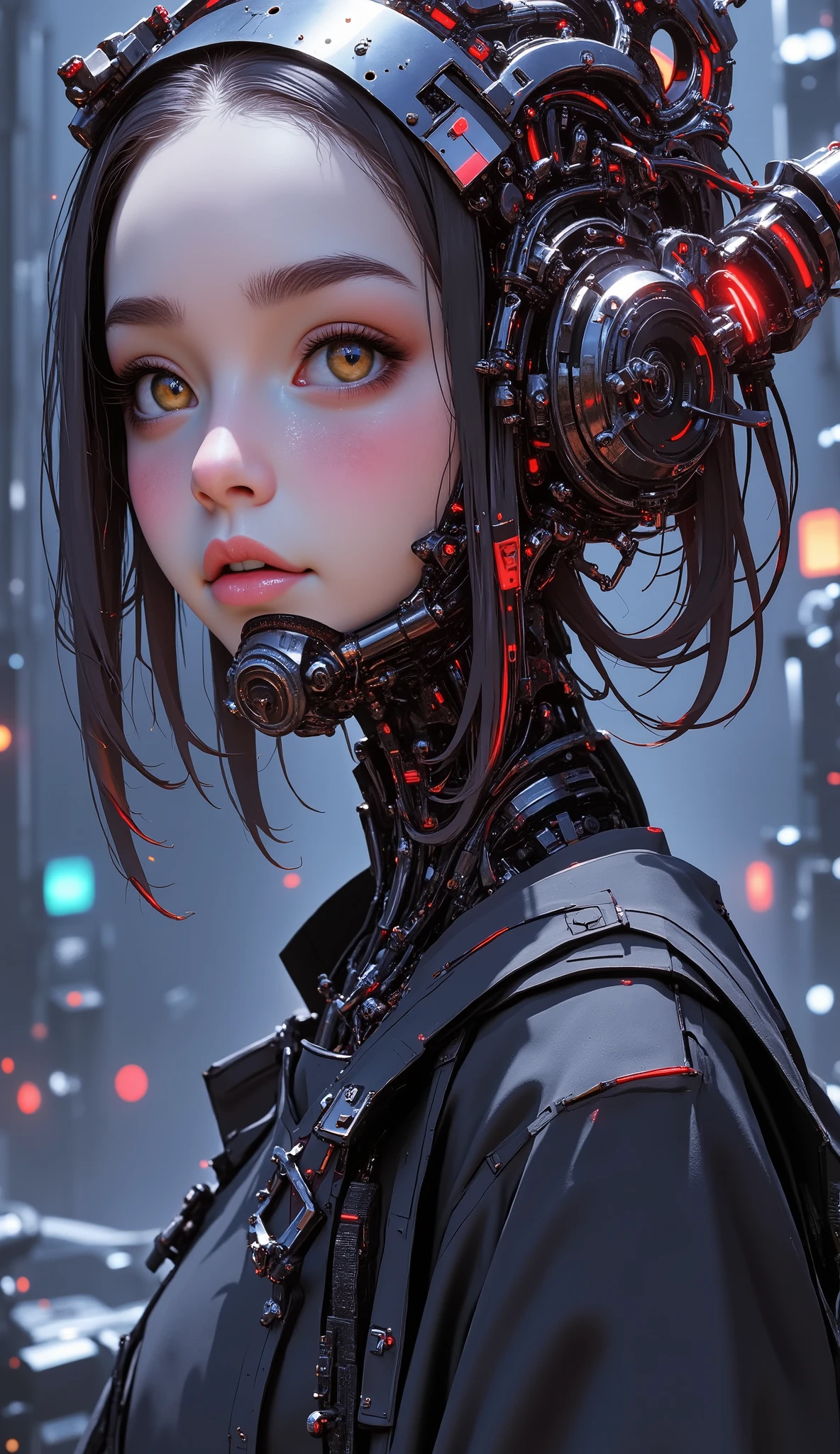 (Best Quality, Realistic:1.37, Ultra-detailed, Extremely detailed, Cybernetic organism:1.1), Beautiful drawing, Crawler robot with the head of a beautiful girl, Complex, bright colours, Professional, Sci-Fi, studio lightning