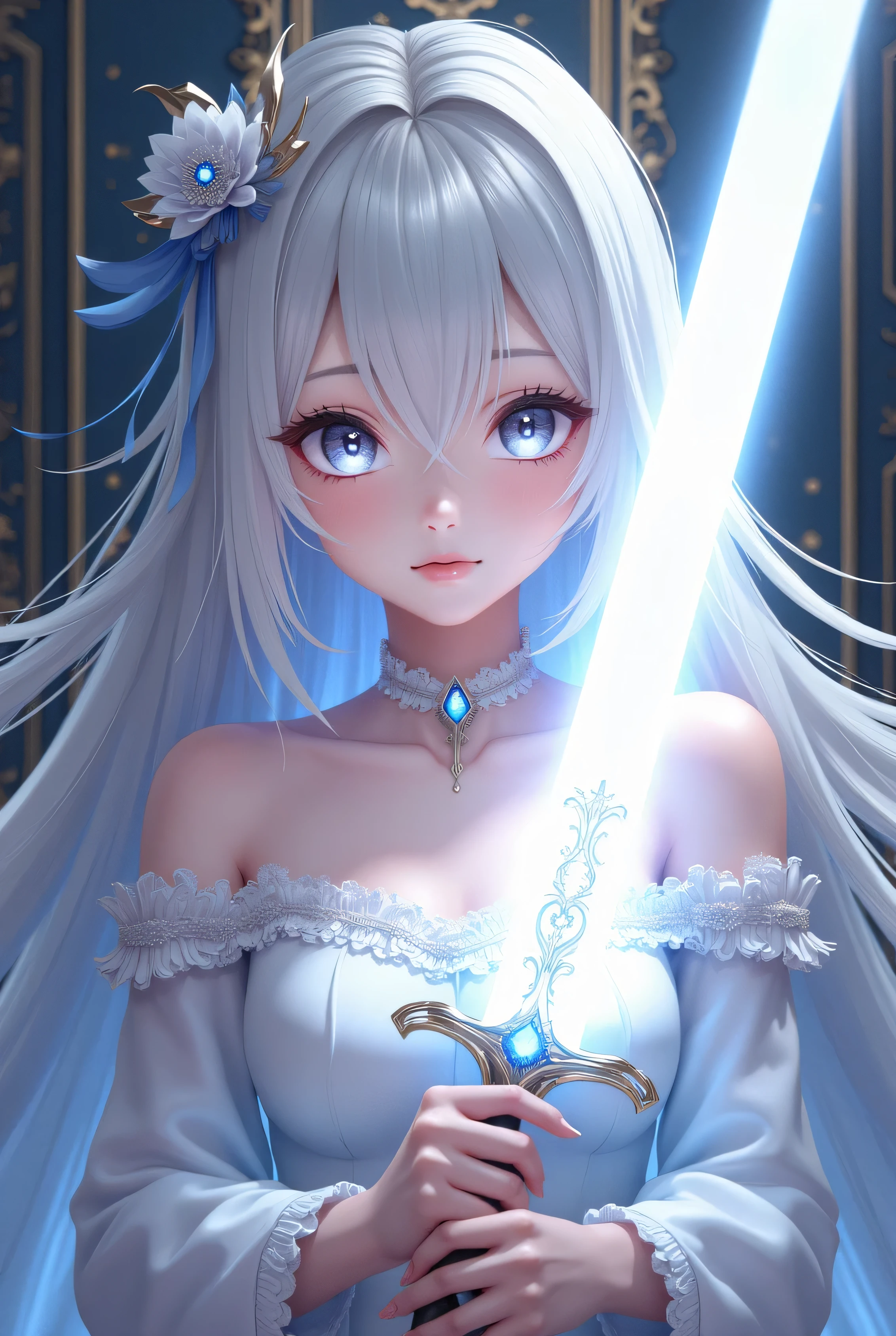 focused upper body, 1 girl, emilia, cute white and purple costume, big breast bust, sparkling eyes, (((magic rune background))), Colorful beautiful girl: light silver hair, nice perfect face with soft skinice perfect face, intricate detail, splash screen, 8k resolution, masterpiece, artstation digital painting smooth, 8k resolution photorealistic masterpiece, professional photography, natural lighting, volumetric lighting maximalist photoillustration: by marton bobzert