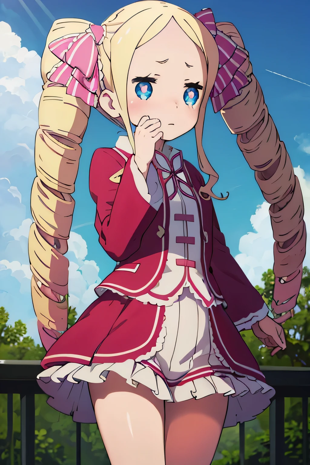 Beatrice, blush, outdoor, daytime, simple background, blue sky, wavy hair, sky, looking at the audience, li, very cute expression, small short legs, avatar, high quality panties, shy, solo, 1girl, q version, school uniform