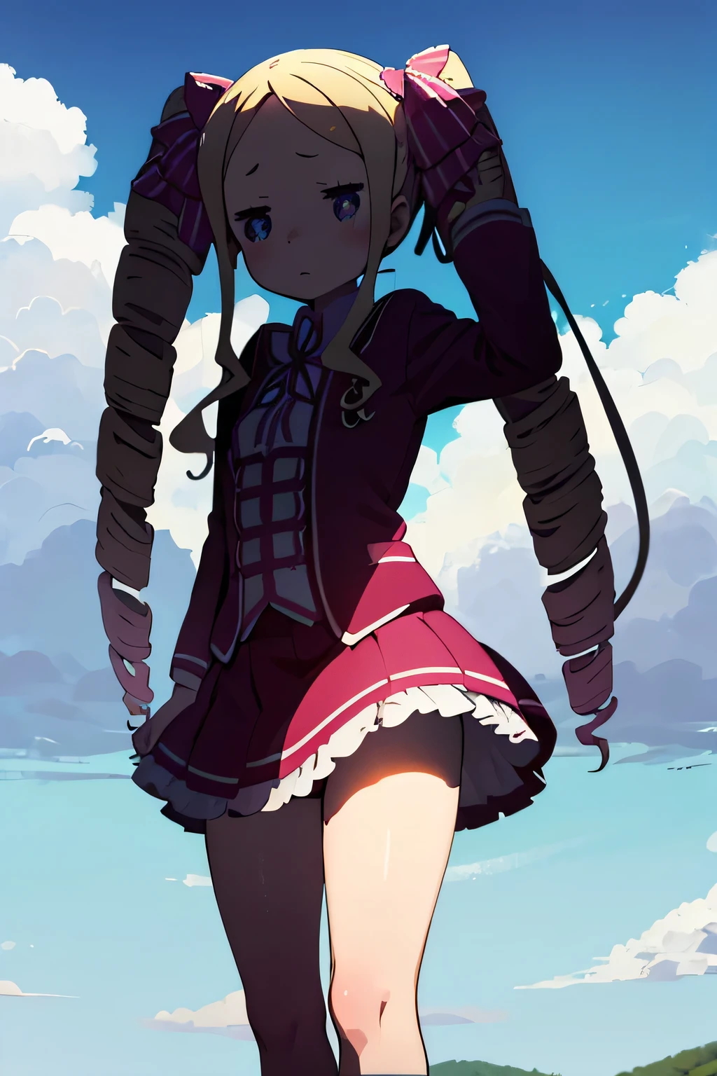Beatrice, blush, outdoor, daytime, simple background, blue sky, wavy hair, sky, looking at the audience, li, very cute expression, small short legs, avatar, high quality panties, shy, solo, 1girl, q version, school uniform