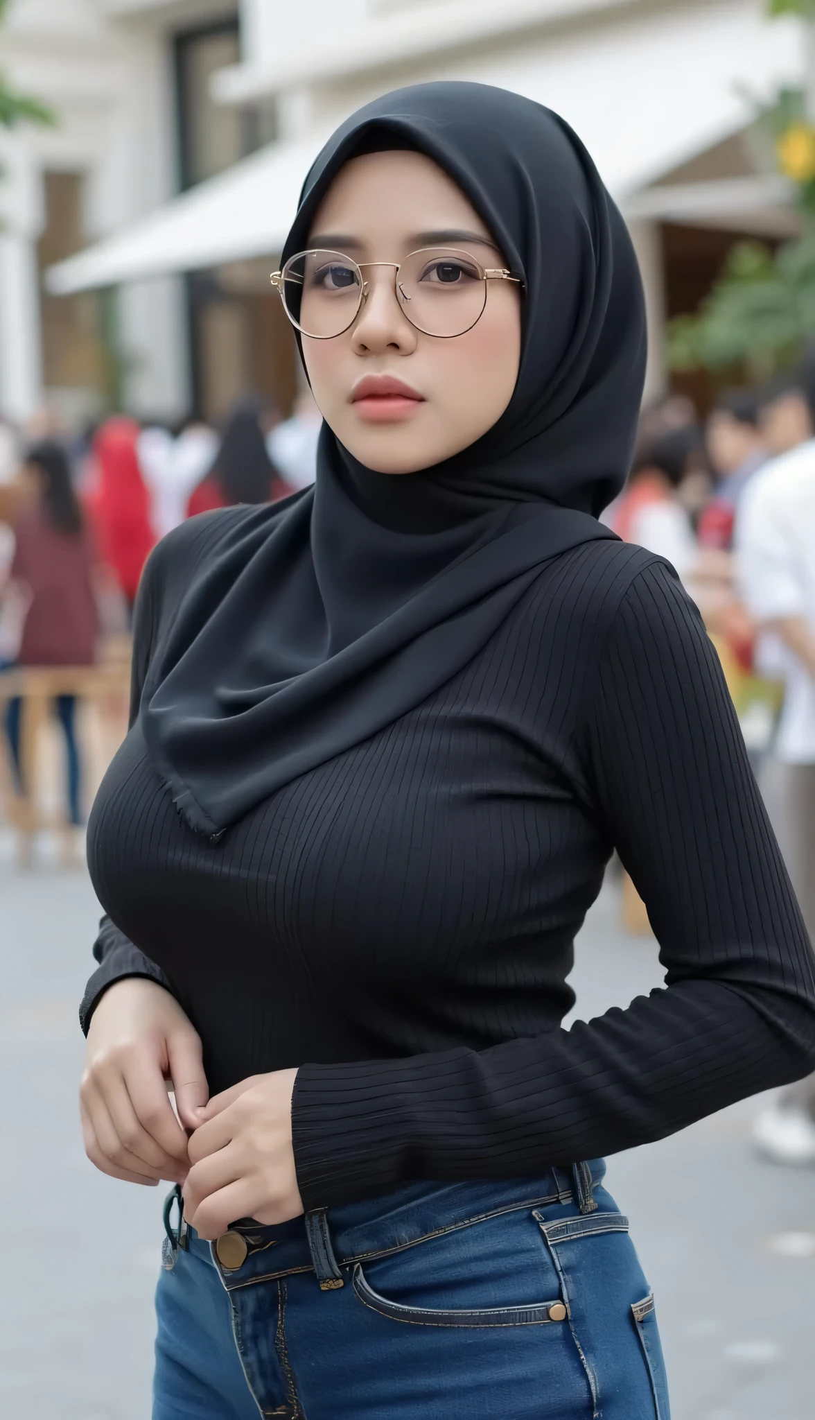(Masterpiece: 1.2, Best Quality), Realistic, (Realistic Picture, Complex Details, Depth of Field), Best Quality, Masterpiece, Highly Detailed, Realistic, 1 mature, indonesian mature wife, 33 Years Old, chest forward, large breasts, thin lips, beautiful and seductive, curvy body, wearing a Muslim hijab, wearing tight knit shirt, highwaist cjeans, the town square background, many couples dating, full body view, look at viewer, full photo, thin round circle glasess, not smile