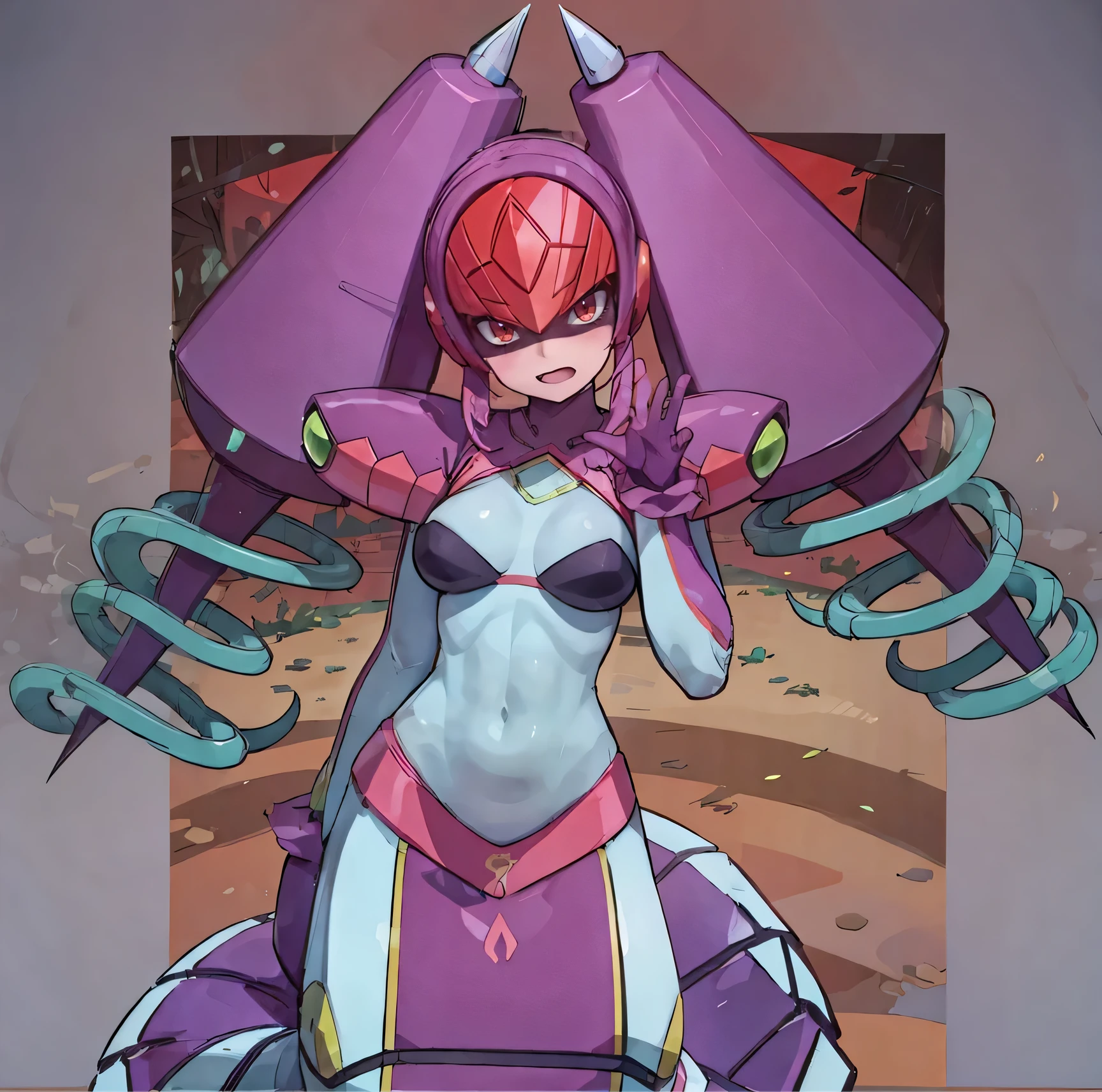 twintails,twin drills, bodysuit, helmet ,Lamia, open your mouth