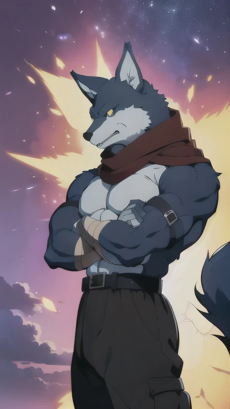 Bergamo _., posing for the camera , Presume. 4k, High resolution, the best quality , published in e621 , Alone, anthropogenic body , man , , man , ( Correct muscles , detailed muscles , eyes, broad chest, pectorals, biceped:1.1), correct anatomy , correct proportions, Anatomy of the Taran ,, (white clouds, in a meadow, cielo azul:1.0), (by WFA, por taran fiddler:1.0), (by black:0.8), (clear cell :1.2), cartoon shading, Reliable , strong, (Long wolf tail :1.0), (pantalones, belt:1.1), ( half black :1.2), (Detailed Bergamo _Eyes of .:1.1), pose strong, looking at the camera , scarf, pose strong, bare chest intense colors, yellow eyes , fluffy wolf tail , Right profile posture .
