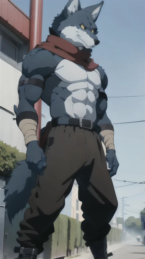 Bergamo   _.,    posing for the camera   , Presume. 4k,    High resolution,    the best quality   ,   published in e621  , Alone,    anthropogenic body   ,  man , ,  man , (  Correct muscles    ,    detailed muscles   ,  eyes, broad chest, pectorals, biceped:1.1),    correct anatomy   ,    correct proportions, Anatomy of the Taran   ,, (white clouds, in a meadow, cielo azul:1.0), (by WFA, por taran fiddler:1.0), (by black:0.8), (clear cell   :1.2),   cartoon shading,  Reliable  , strong, (Long wolf tail  :1.0), (pantalones,   belt:1.1), ( half black :1.2), (Detailed Bergamo   _Eyes of .:1.1), pose strong,    looking at the camera   , scarf, pose strong,     bare chest intense colors,    yellow eyes   ,    fluffy wolf tail    ,   Right profile posture  .