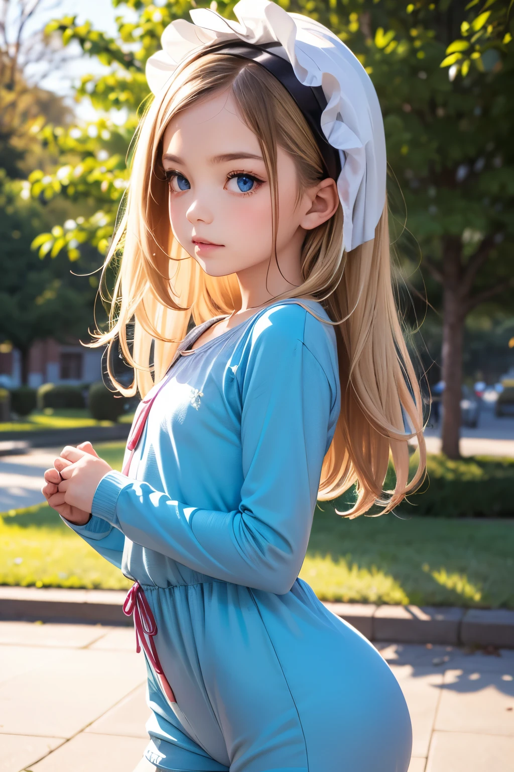 ((UHD, retina, masterpiece, textured skin, super detail, best quality, 8k, accurate, anatomically correct, super detail, extremely precise in every detail, beautiful detailed glow, beautiful attention to detail, beautiful detailed eyes)), ((A -gradeoler wearing a twth pink romper with a floral pattern is playing in the park)), (The buttocks of the romper are bulging heavily), BREAK (anatomically correct fingers, anatomically correct hands), long blonde hair, shiny blue eyes, BREAK so flat chest, slender body, slim body, BREAK wearing a frilly headdress on her head, youthful pretty girl, skinny female elementary schooler, Winteron the Day