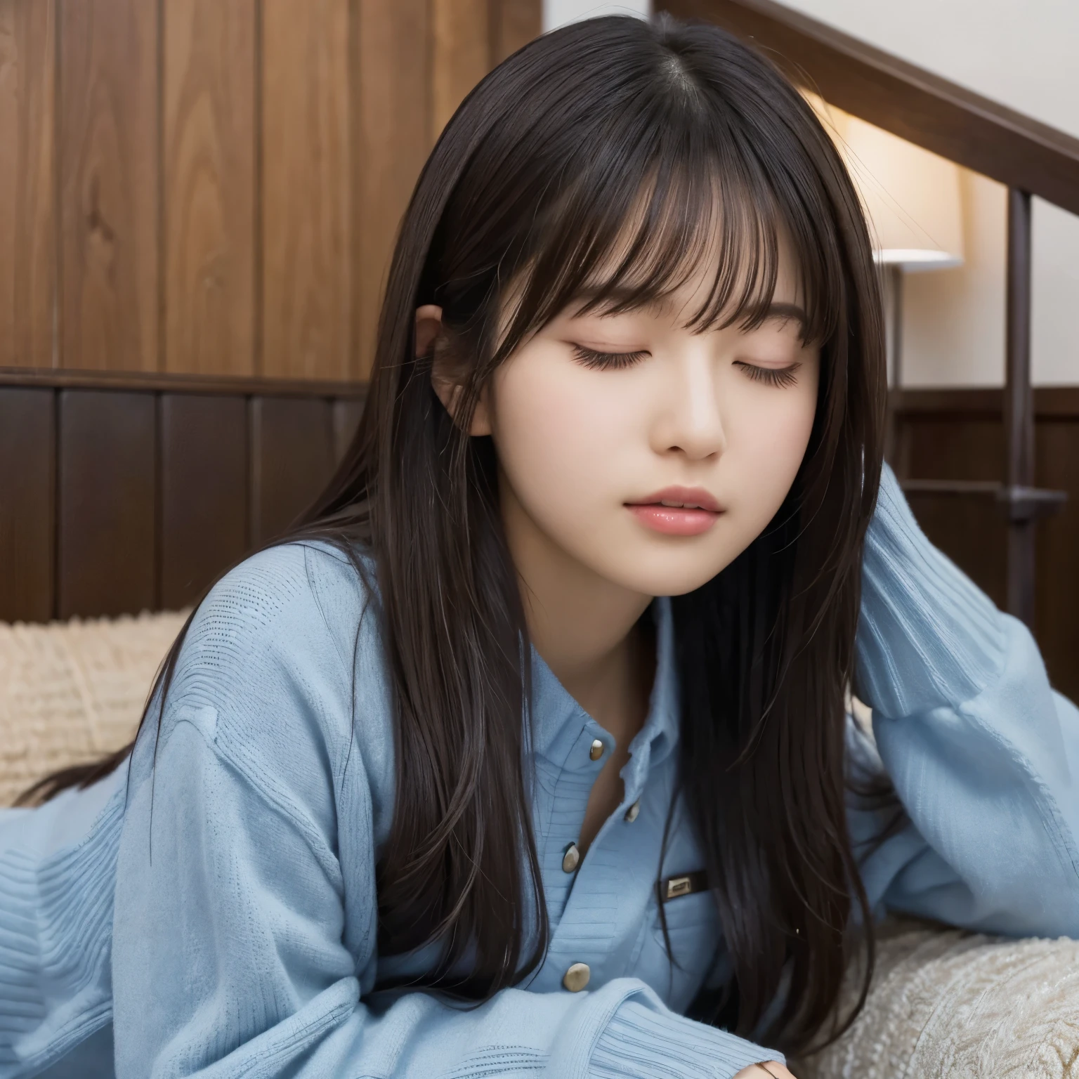Winter Living , sofa, sofaでsleep, sleepy expression waking up, ( close my eyes because of the location:1.4), angle from above, sleep, photo from the waist up, girl, busty, black hair, straight hair, with bangs, 最高masterpiece, Lighting from the front, masterpiece, best quality , ultra detail , Finely Details, high resolution, 8k wallpaper, perfect dynamic configuration, A beautiful eye in every detail , natural color lips