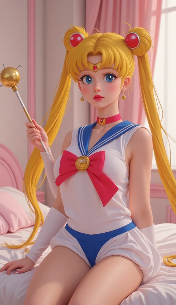 (masterpiece),(sailor moon) (risograph) best quality, full-body shot, expressive eyes, perfect face, medium breast, good breast, beautiful, gorgeous ,sitting on a couch, blonde, medium shot, indoors, lab, cleavage, aausagi, double bun, twintails, parted bangs, circlet, jewelry, earrings, choker, red bow, white gloves, elbow gloves, blue skirt, feminine, blushing,