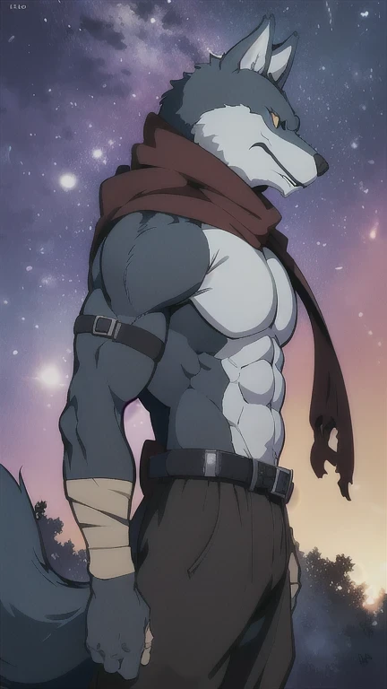 Bergamo _., posing for the camera , Presume. 4k, High resolution, the best quality , published in e621 , Alone, anthropogenic body , man , , man , ( Correct muscles , detailed muscles , eyes, broad chest, pectorals, biceped:1.1), correct anatomy , correct proportions, Anatomy of the Taran ,, (white clouds, in a meadow, cielo azul:1.0), (by WFA, por taran fiddler:1.0), (by black:0.8), (clear cell :1.2), cartoon shading, Reliable , strong, (Long wolf tail :1.0), (pantalones, belt:1.1), ( half black :1.2), (Detailed Bergamo _Eyes of .:1.1), pose strong, looking at the camera , scarf, pose strong, bare chest intense colors, yellow eyes , fluffy wolf tail , Right profile posture .