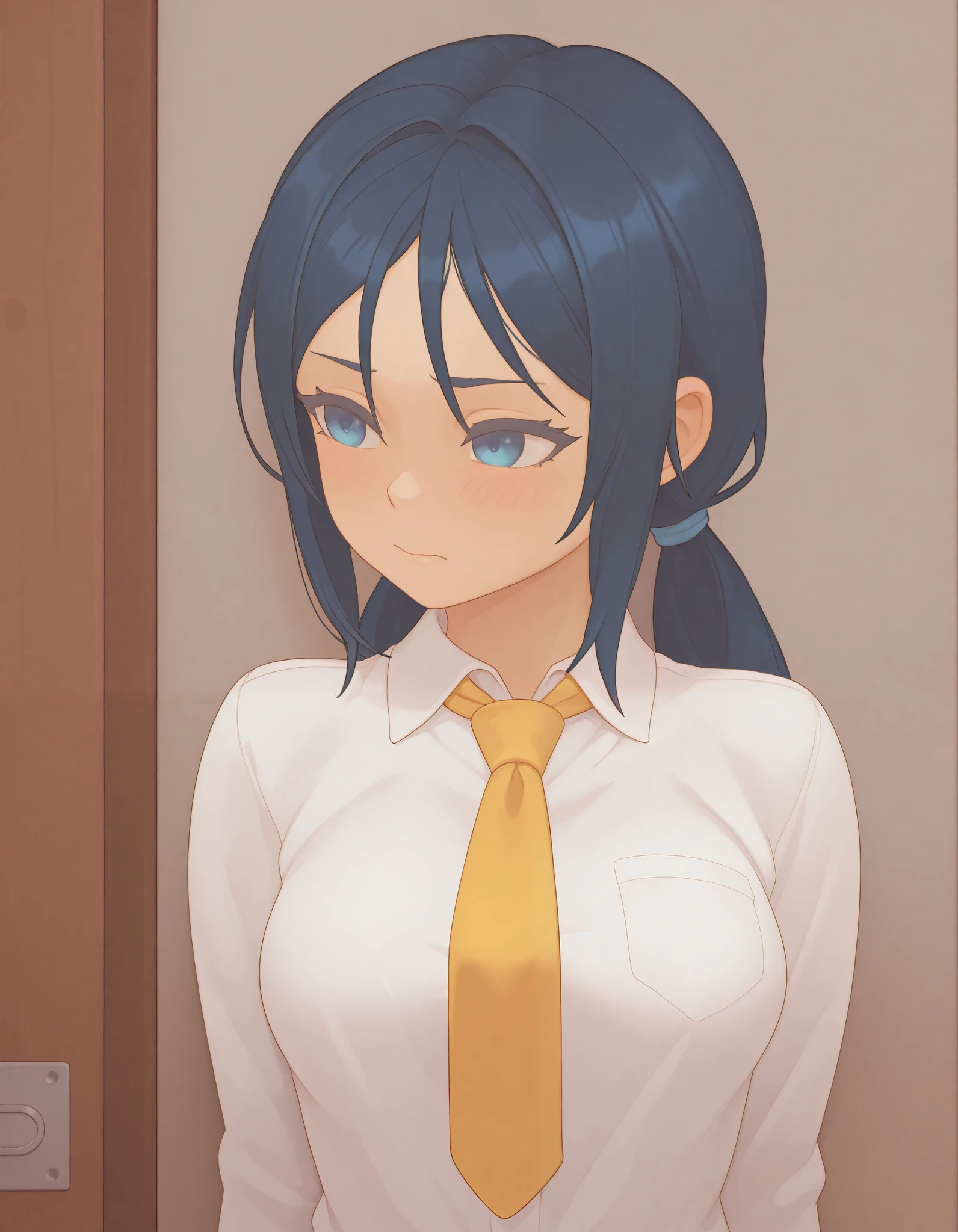 ((Mita)),miside,bluebhair, blue eyes, blush, upper body, looking away, yellow tie, shirt, masterpiece, best quality, amazing quality, medium breasts