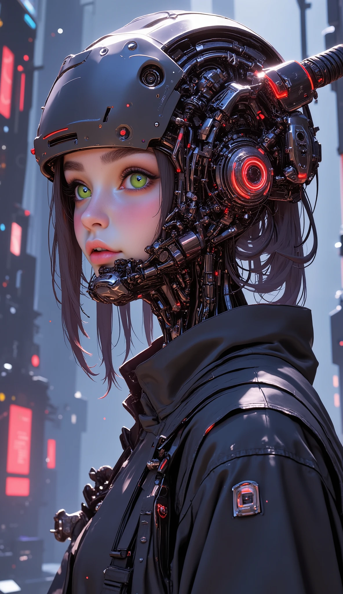 (Best Quality, Realistic:1.37, Ultra-detailed, Extremely detailed, Cybernetic organism:1.1), Beautiful drawing, Crawler robot with the head of a beautiful girl, Complex, bright colours, Professional, Sci-Fi, studio lightning