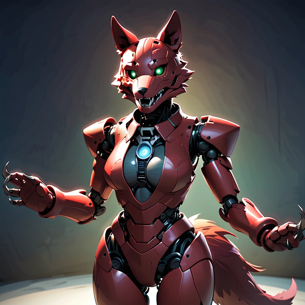 uploaded on e621, (by Wildering, by Koul, by fluff-kevlar, by aycee), solo, female robot wolf, wolf ears, neck tuft, hip tuft, leg tuft, wolf tail, ((black sclera, green eyes)), ((android wolf)), ((portrait)), (masterpiece), (best quality), (anthro furry:1.3, snout:1.2, anthro:1.3, furry:1.2, solo female:1.2), (hourglass figure, curvy figure), ((small breasts)), (butt pose), (((black swirls on body, red fur))) BREAK (((red wild hair))), (laboratory background, depth of field, ambient light on the body), (intricate:0.7), (high detail:1.3), (unreal engine:1.3), (sharp focus:1.15), (masterpiece, best quality, 4k, 2k, shaded, absurd res), ((black leather spiked collar)), (crazy open mouth smile), (drooling oil), sultry expression, (sharp claws), long tongue hanging out,