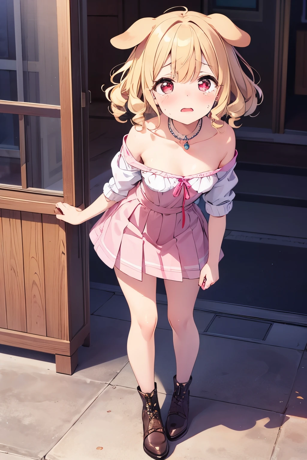Droopy eyes, best quality , jewelry, perfect face, perfect eyes, pink lips, small breasts, medium cut hair full of fresh cream , curly hair , Blonde,red eyes,Dog Ears、 1 girl, high definition , looks away , open her mouth , And blush , I opened my mouth a little., tears, Awkward, Crying expression , tall Highly detailed , Gentle colors, anatomically correct , high detail, textured skin , tall Highly detailed , pee、 character portrait, Knee、 pee、間に合わない from front full body look at viewer standing Grab the Hem of the Skirt