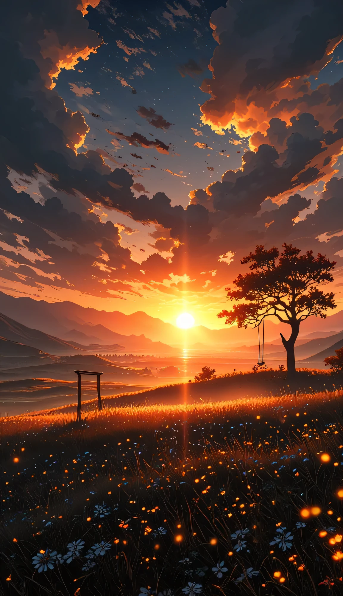 Viral anime nature wallpaper in 4K quality, inspired whimsical aesthetic. Depicts a serene meadow at dawn, with dew-covered wildflowers, rolling hills, and a lone, ancient tree with a tire swing hanging from one of its branches. Mist gently blankets the ground, and sunlight streams through the clouds, creating soft, golden rays. A flock of birds soars in the distance, with tiny, glowing creatures flitting among the flowers. Use warm and pastel colors, with a magical, dreamlike ambiance. No human characters. The scene is peaceful and nostalgic.