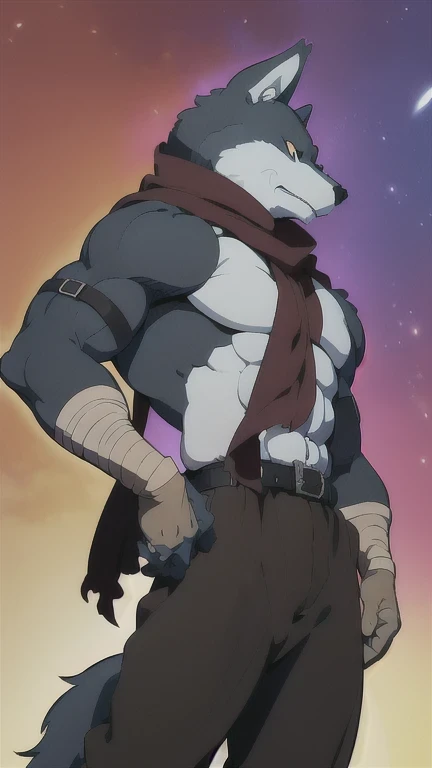 Bergamo _., posing for the camera , Presume. 4k, High resolution, the best quality , published in e621 , Alone, anthropogenic body , man , , man , ( Correct muscles , detailed muscles , eyes, broad chest, pectorals, biceped:1.1), correct anatomy , correct proportions, Anatomy of the Taran ,, (white clouds, in a meadow, cielo azul:1.0), (by WFA, por taran fiddler:1.0), (by black:0.8), (clear cell :1.2), cartoon shading, Reliable , strong, (Long wolf tail :1.0), (pantalones, belt:1.1), ( half black :1.2), (Detailed Bergamo _Eyes of .:1.1), pose strong, looking at the camera , scarf, pose strong, bare chest intense colors, yellow eyes , fluffy wolf tail , Right profile posture .