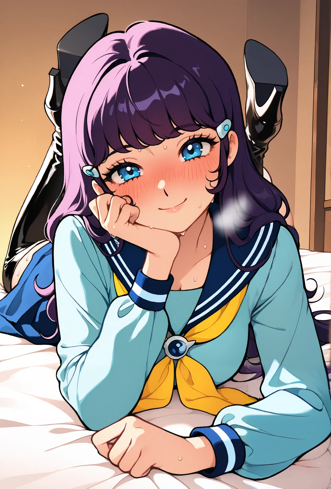 creamymami,front,from bottom,1 female,solo,
I_,wet purple hair,carly short,blue eyes,
looking at viewer,smile, head rest,on stomach,
shirt,long sleeves,school uniform,sailor suits,sailor collar,neckerchief,yellow neckerchief,shirt,blue shirt,blue sailor collar,blue skirt,
black lace up boots,thigh-high boots,high heels,
beautiful legs,very thin thighs,thin calves,beautiful face,beautiful skin,medium breast,nallow waist,butt close-up,smile,Sweaty,incontinence,White Breath,I can see her panties,anatomically correct,
highest quality,masterpiece,high definition,soft lighting,
indoors,bent over,smile,on bed,bed room,blush,drunk,cowboy shot,dutch angle