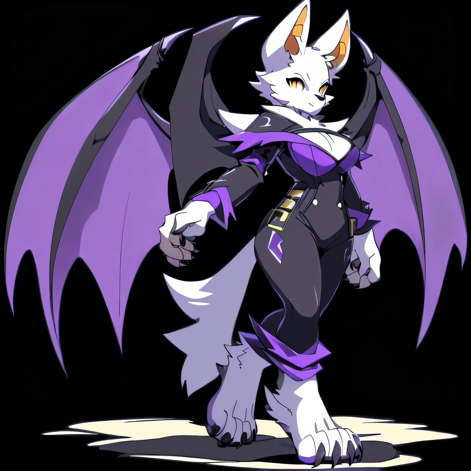 Anime, anime style, ((single person:2)), ((solo drawing:2)), ((solo:2)), ((three-quarter view)), ((Looking to the side)), ((sfw version)), ((female Anthro bat)), ((Tall figure)), ((buxom figure)), ((short white fur)), clawed hands, ((clawed paws)), ((Single Pair of Wings)), ((Huge Bat Wings)), ((Purple and black Bat Wings:1.3)), ((white bat ears)), ((wearing a black and purple outfit)), ((white face)), ((neutral expression)), vivid golden eyes, ((digitigrade legs)), ((digitigrade feet)), ((solid black background)), highly detailed anime style, clean lines, white face, short white muzzle, white furry cheeks, white furry muzzle, ((white foot paws)), ((foot paws with four toes)), ((Claws on paws))