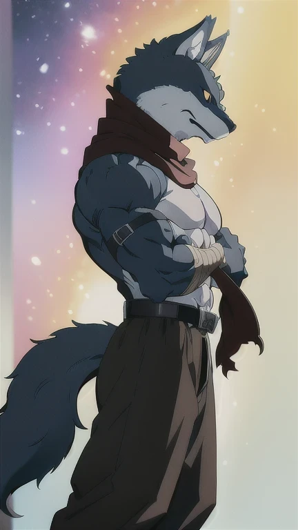Bergamo _., posing for the camera , Presume. 4k, High resolution, the best quality , published in e621 , Alone, anthropogenic body , man , , man , ( Correct muscles , detailed muscles , eyes, broad chest, pectorals, biceped:1.1), correct anatomy , correct proportions, Anatomy of the Taran ,, (white clouds, in a meadow, cielo azul:1.0), (by WFA, por taran fiddler:1.0), (by black:0.8), (clear cell :1.2), cartoon shading, Reliable , strong, (Long wolf tail :1.0), (pantalones, belt:1.1), ( half black :1.2), (Detailed Bergamo _Eyes of .:1.1), pose strong, looking at the camera , scarf, pose strong, bare chest intense colors, yellow eyes , fluffy wolf tail , Right profile posture .