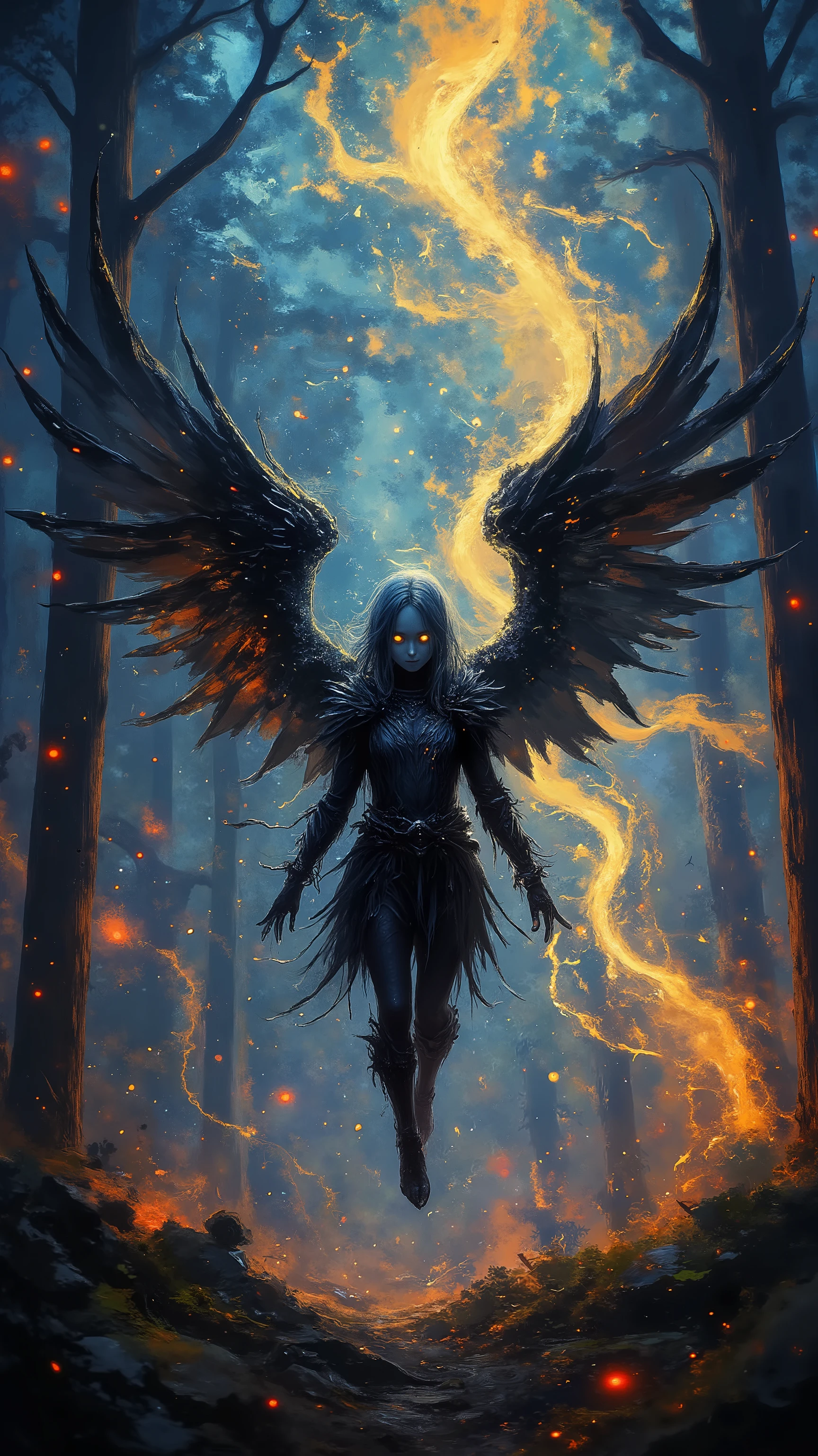 dark fairy, damaged black clothes, damaged black fairy wings, little dark fairy in the middle of a fairy forest and multicolored, completely white eyes, white skin, small flying creature, magnificent creature, logical and realistic body, bright and multicolored forest background, blurred background, magical effects in the background, flying fairy in the air, better quality, better light , best color, dynamic posture, dynamic point of view.