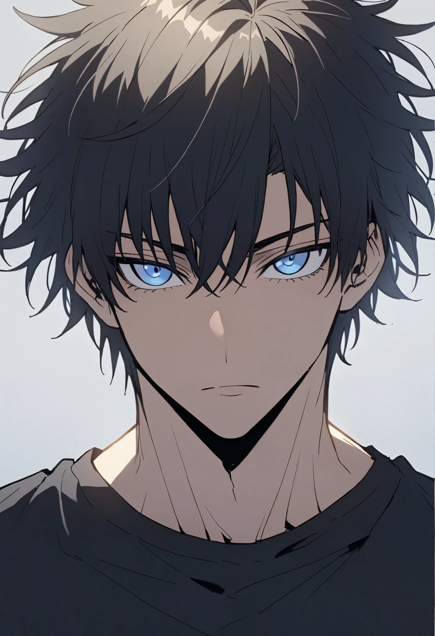 Handsome, solo, male, tall, muscular, short hair, black hair, blue eyes, black t-shirt, looking at viewer, facing viewer, simple background, white background