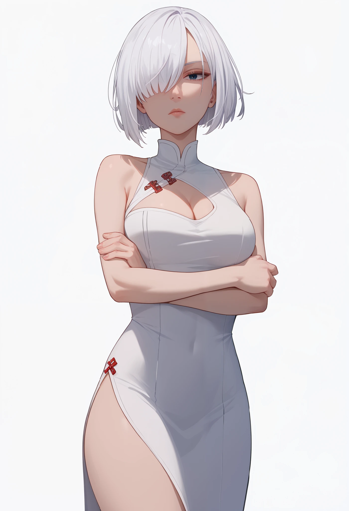 score_9, score_8_up, score_7_up, source_anime, solo, 1girl, fionadef, expressionless, looking at viewer, crossed arms, short hair, white hair, hair over one eye, sexy cheongsam, cleavage, white background