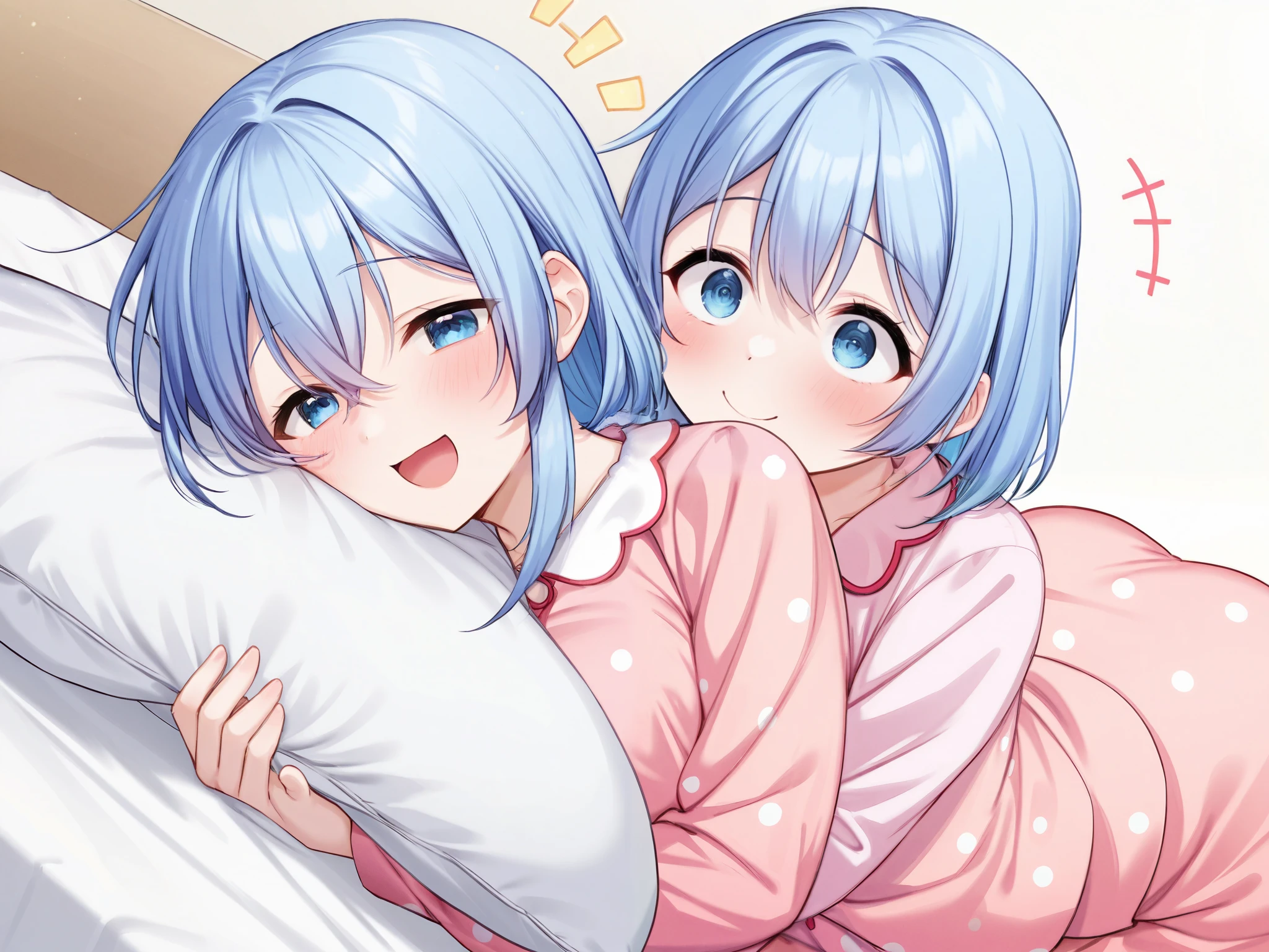 20 year old girl、Cute pajamas、,コミカルなsmile、 rich breasts、Short blue hair、 blue eyes、pink pajamas with long sleeves, excited expression,Embrace a pillow,Snake Pillow , lie down, on the sea, bed, like I'm begging, smile, Looking Here