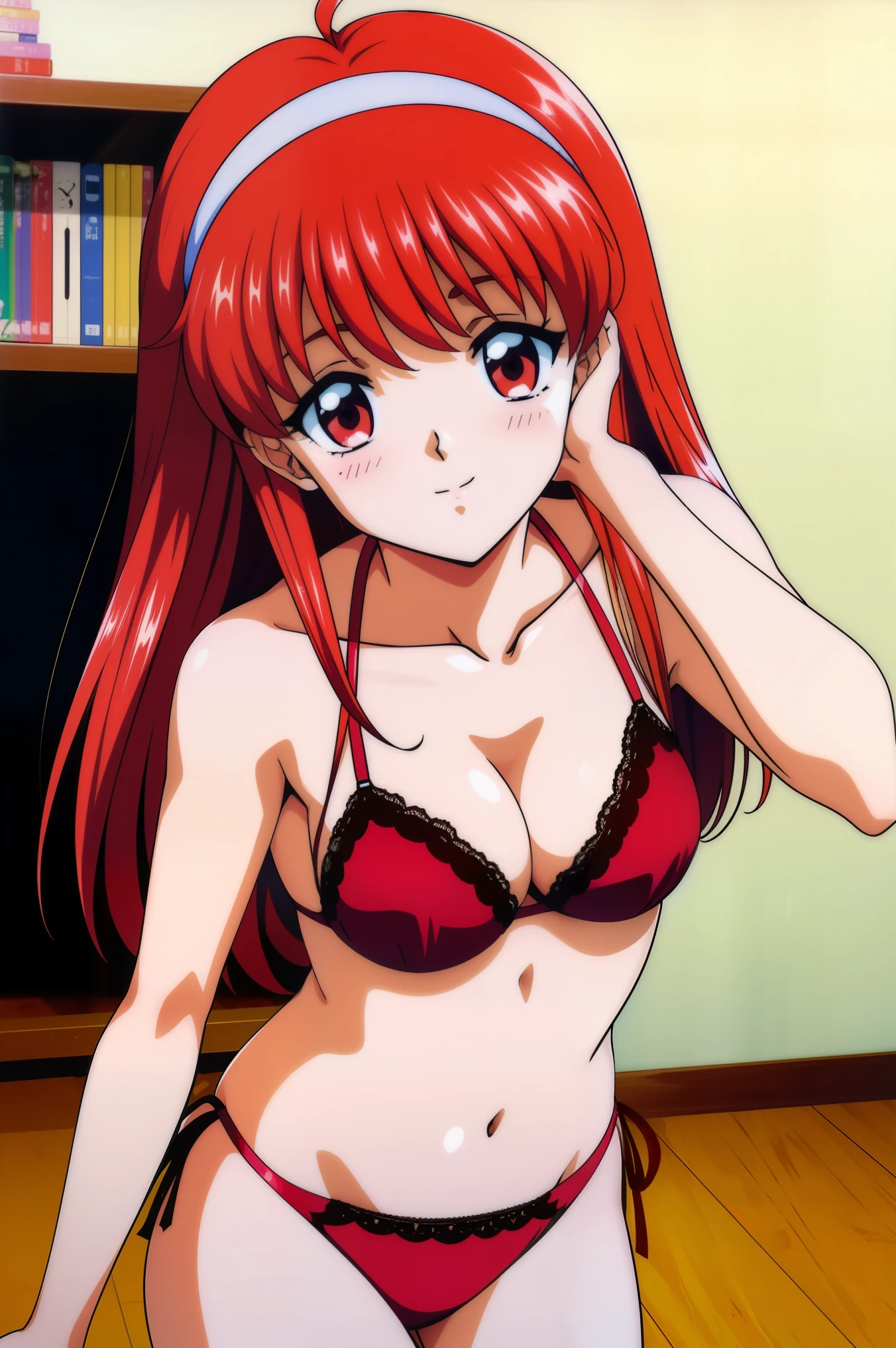 FujisaKishiori , Alone, (cowboy shot), Red Hair, long hair, Hair Band , red eyes, small breasts, cleavage in years, ( sexy bikini), ( sexy pose), (Red cheeks:1.2), ( I'm ashamed), (blight smile:1.2), ( stage:1.2), (Beauty Contest:1.2), score_9, score_8_superior, score_7_superior, source_anime, (best quality1.2), 細部までこだわったanime, high quality , full color, 8k, high resolution