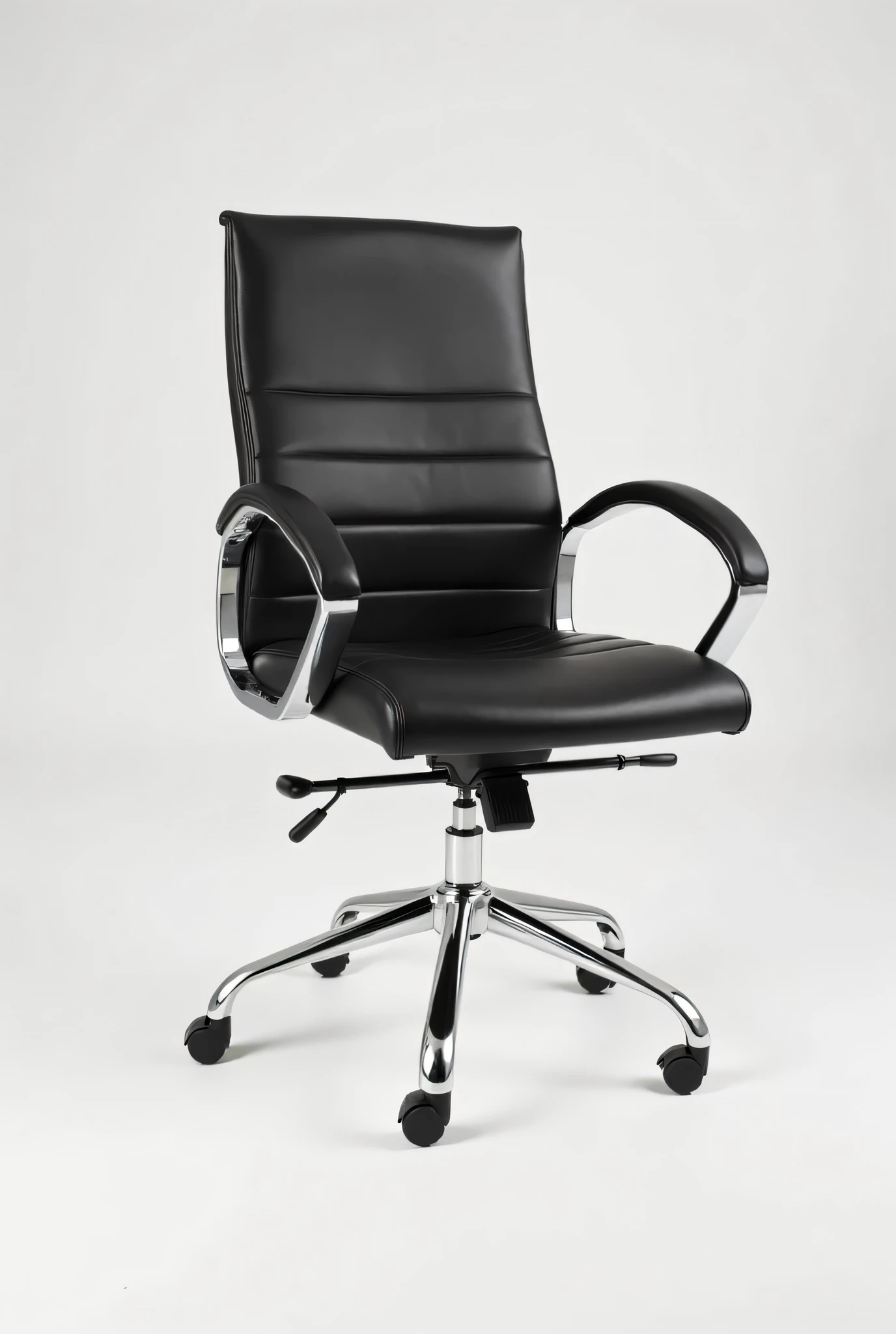 A close up of a black office chair with chrome arms - SeaArt AI