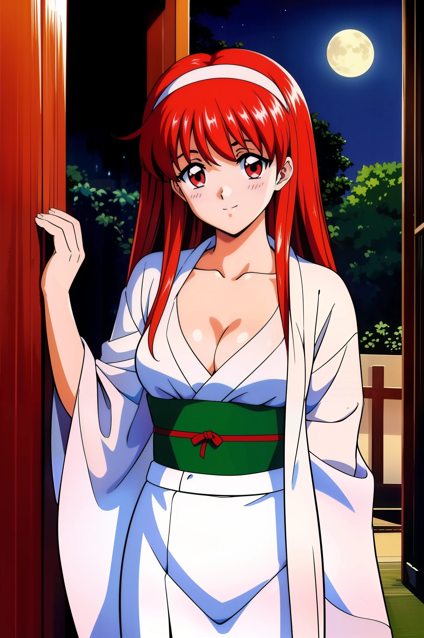 FujisaKishiori , Alone, (cowboy shot), Red Hair, long hair, Hair Band , red eyes, small breasts, cleavage in years, ( sexy kimono), ( sexy pose), (Red cheeks:1.2), ( I'm ashamed), (blight smile:1.2), (first visit of the year to a shrine), (shrine), (night), score_9, score_8_superior, score_7_superior, source_anime, (best quality1.2), 細部までこだわったanime, high quality , full color, 8k, high resolution
