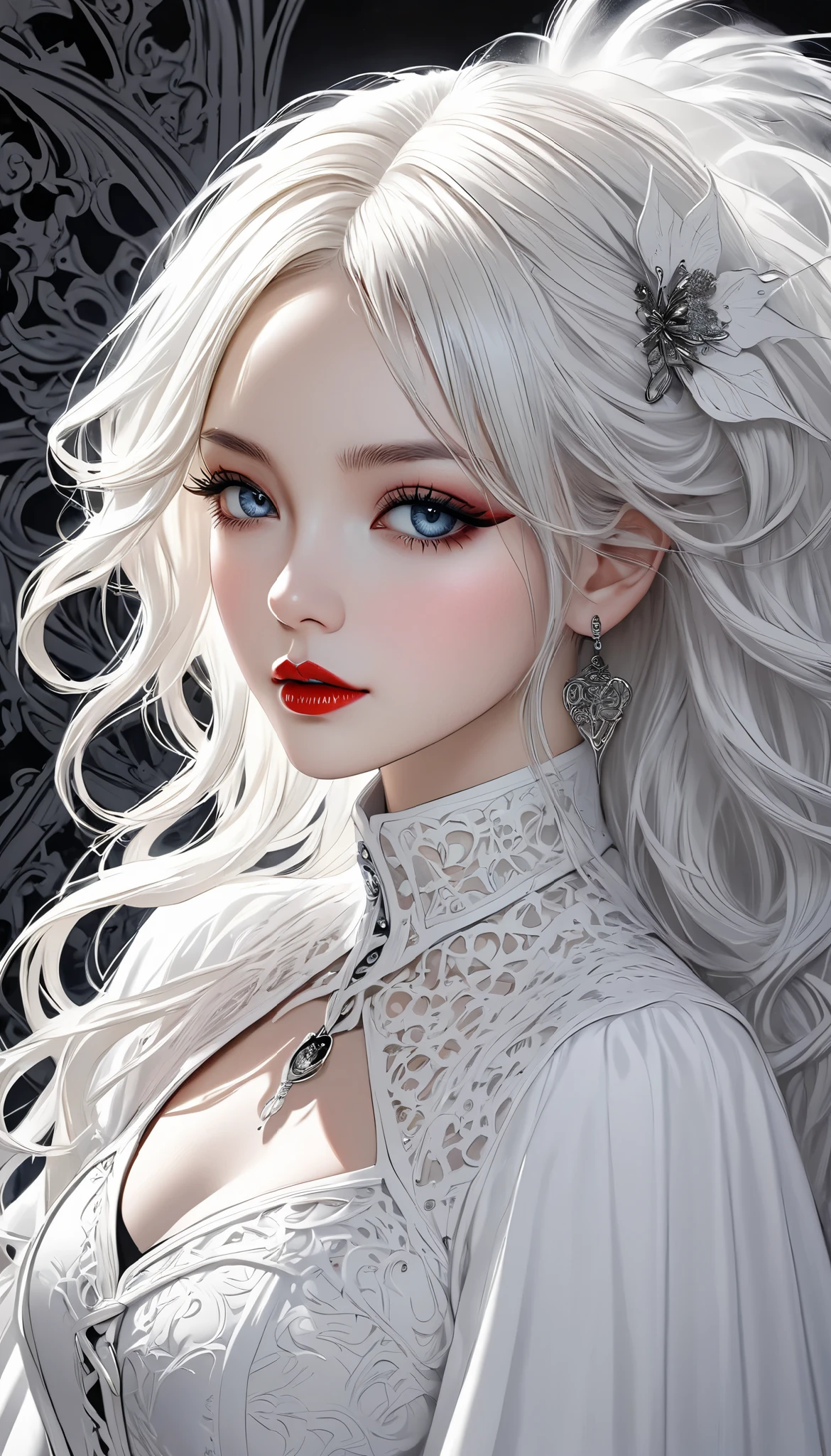  white gothic woman , White clothes,  highly detailed gothic flavor,  white pop art background , white fantasy ,  meet you , 