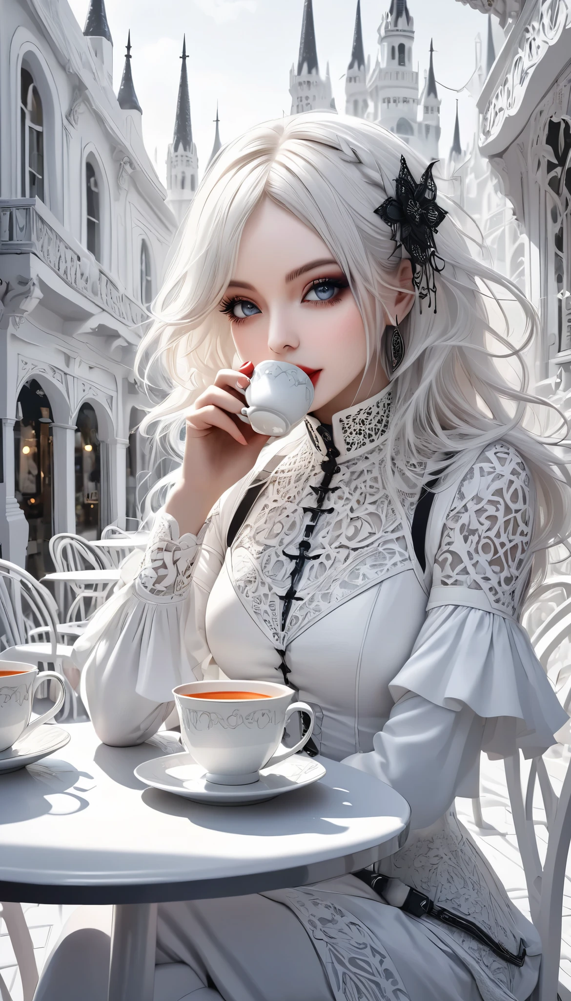 white gothic woman , White clothes, highly detailed gothic flavor, white pop art background , white fantasy , Drinking tea, Pure white cafe terrace,