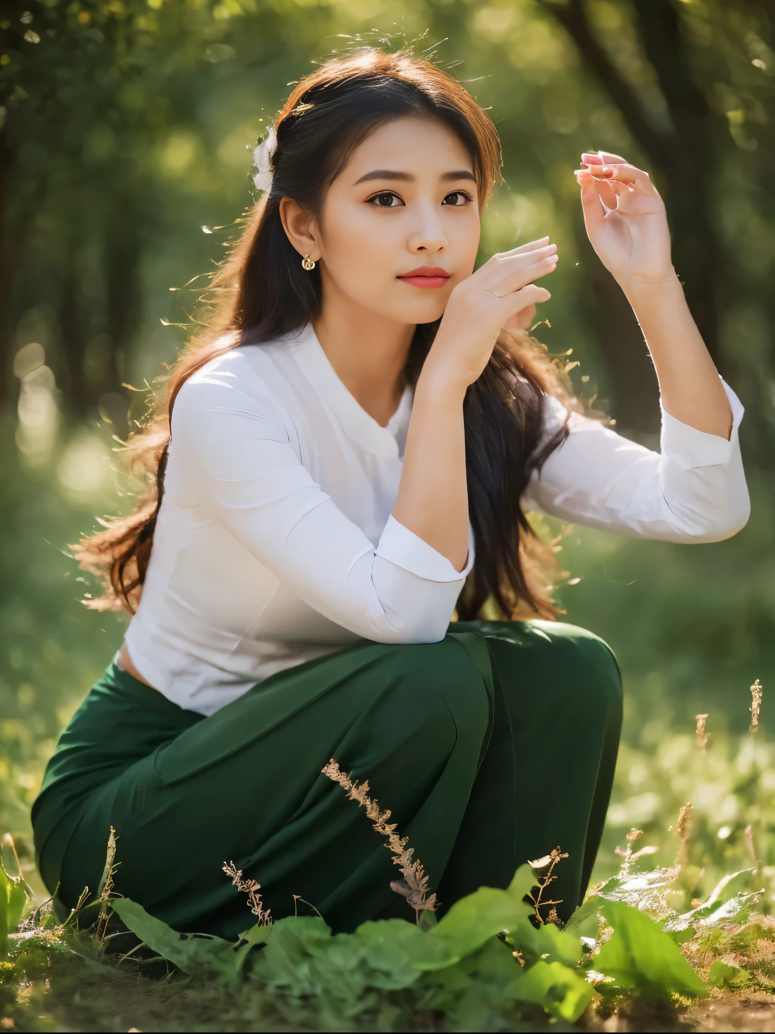 ((Best Quality, 8k, Masterpiece:1.3))), Crisp Focus: 1.2, (Beautiful Woman with Perfect Figure: 1.4) , wearing ninja mask, Burmese girl,all fours down, ,Myanmar Teacher And Student Outfit,wearing acmm olive green long skirt, beside view,In the forest background ,film effect 、best position,best composition, perspective view, ultra wide view,(best quality,4K,8K,highres,masterpiece:1.2),ultra-detailed,(realistic,photorealistic,photo-realistic:1.37),HDR,studio lighting,sharp focus,