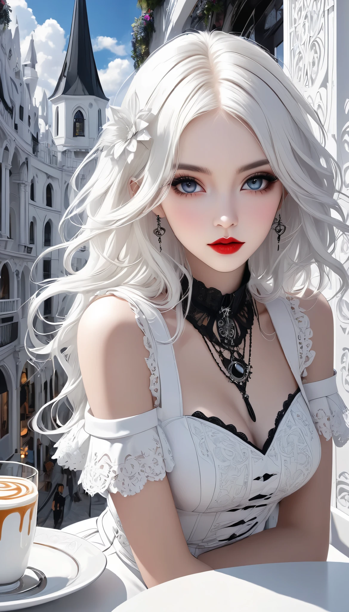  white gothic woman , White clothes,  highly detailed gothic flavor,  white pop art background , white fantasy ,  look at you, Pure white cafe terrace, 